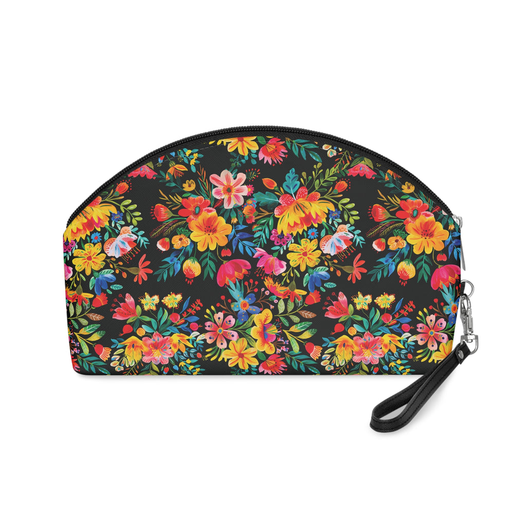 Bright Watercolor Flowers Makeup Bag - Fun & Functional Travel Accessory - Black