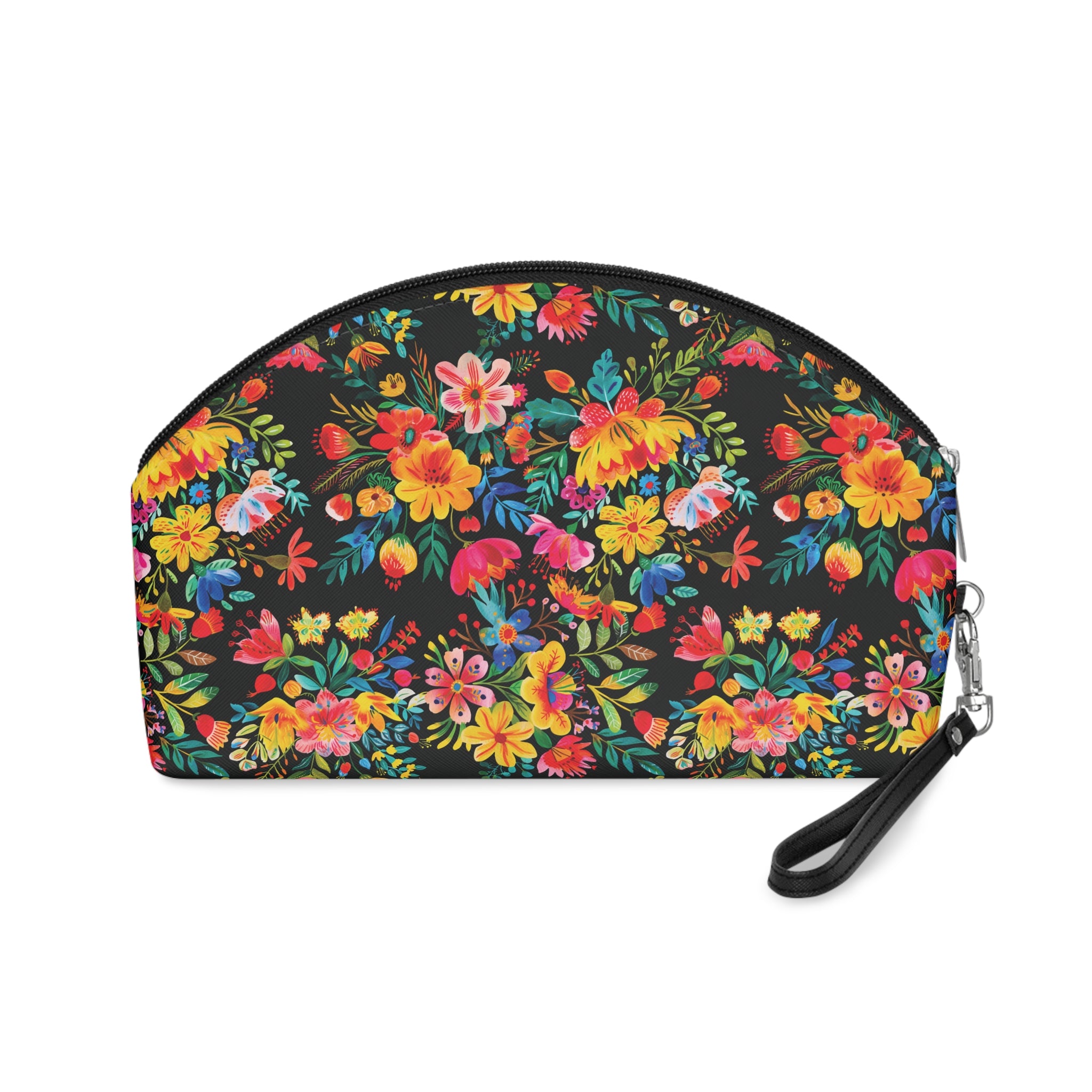 Bright Watercolor Flowers Makeup Bag - Fun & Functional Travel Accessory - Black