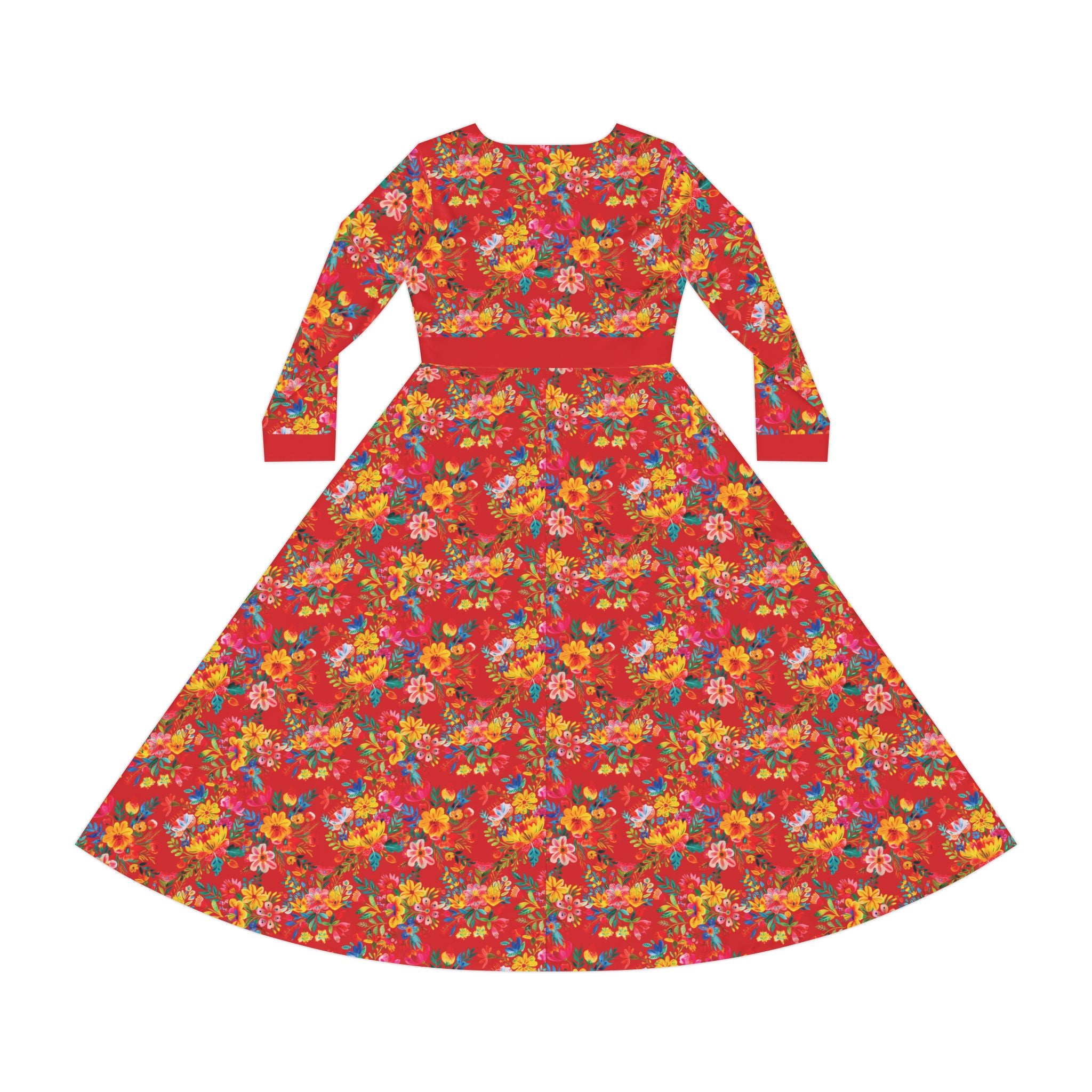 Elegant Women's Long Sleeve Dance Dress - Bright Bold Watercolors Flowers - Scarlet