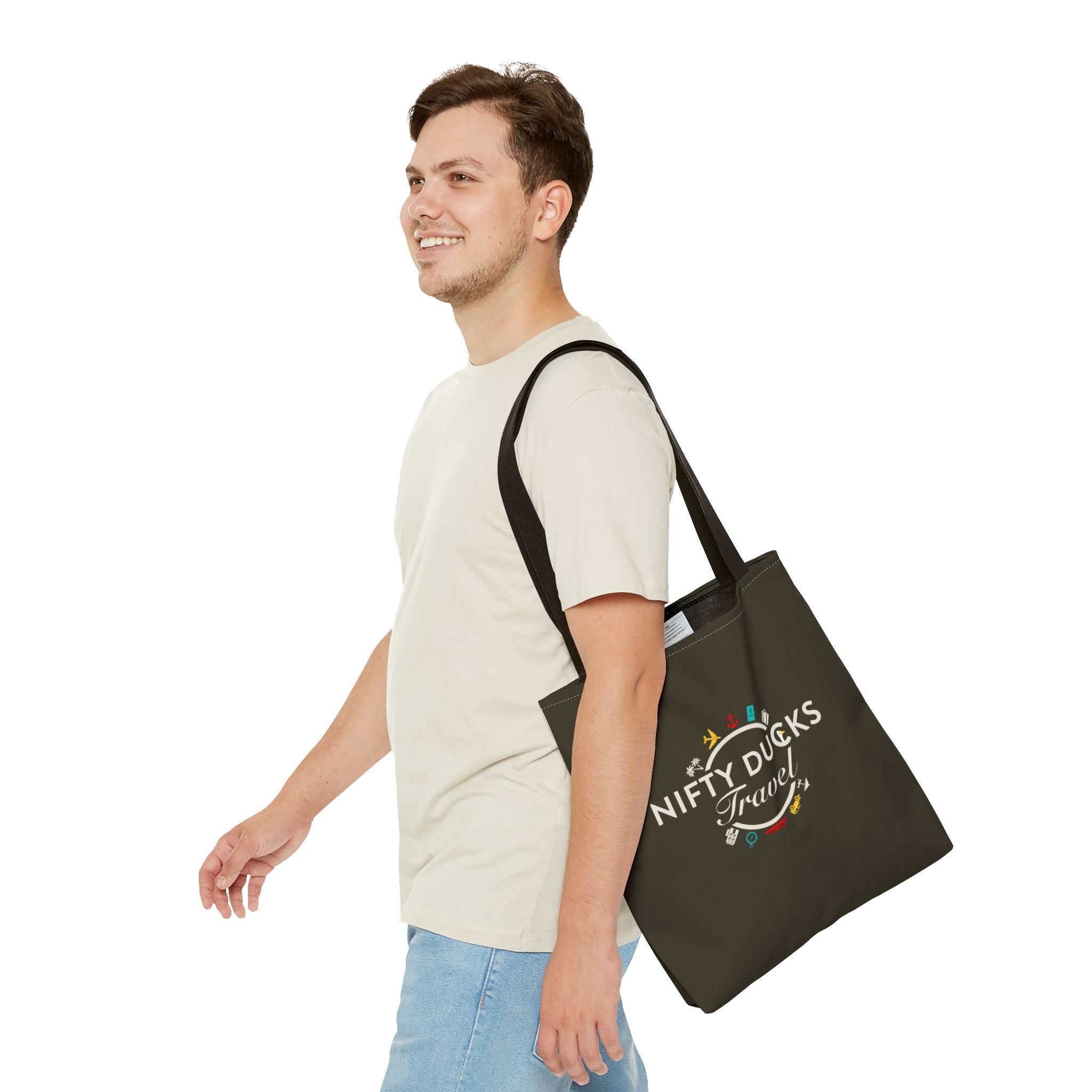 Nifty Ducks Travel Logo - Travel Tote Bag - Signature Brown Background - Beach & Weekend Carryall