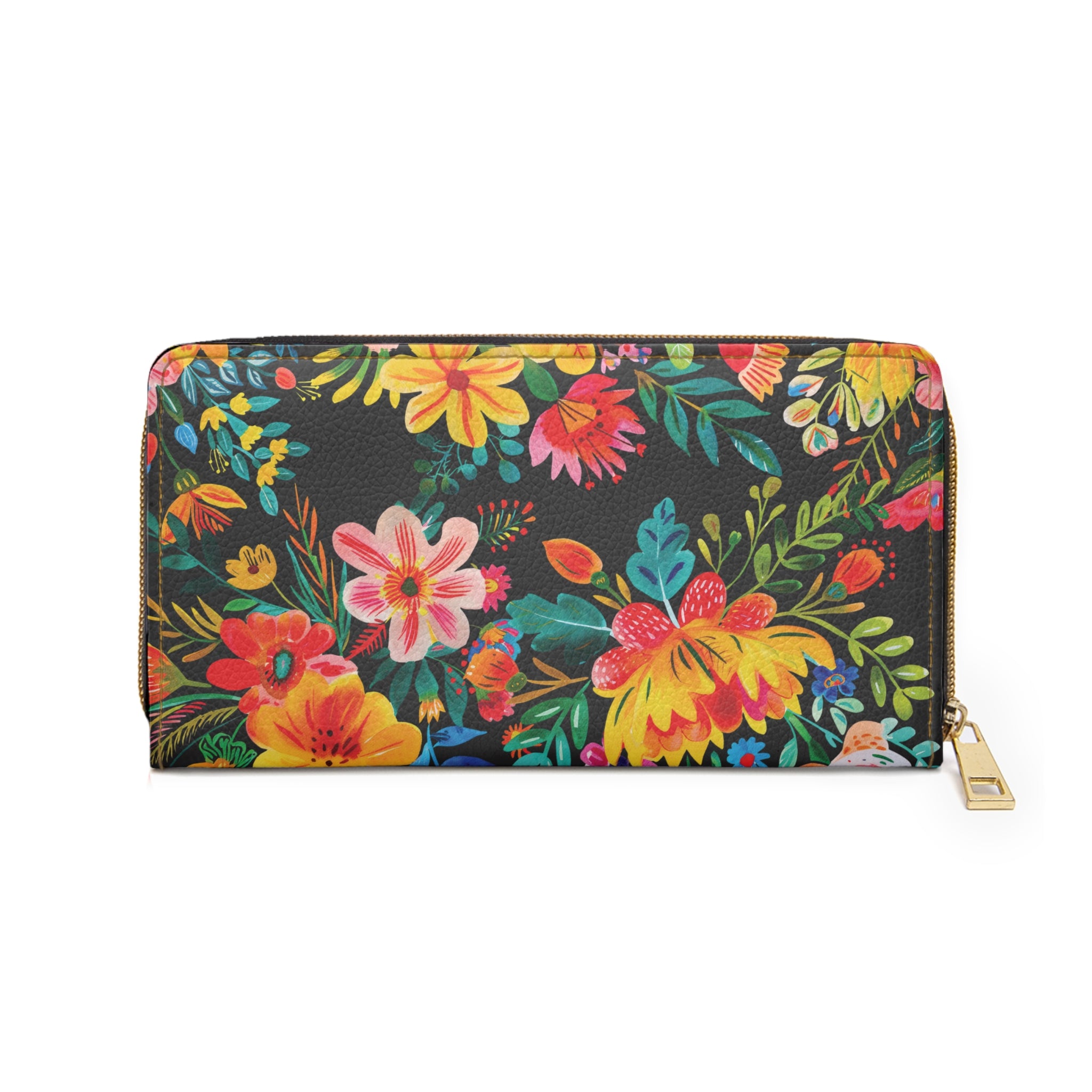 Bright Watercolor Flowers Zipper Wallet - Travel Accessories - Black