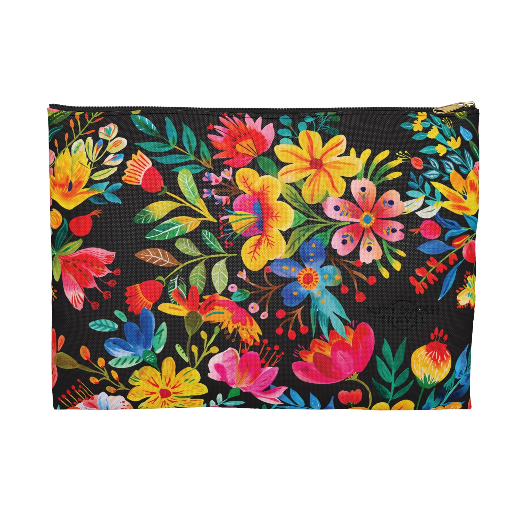 A black accessory pouch with vibrant watercolor floral print design.