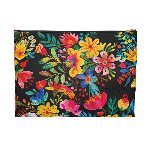 A black accessory pouch with vibrant watercolor floral print design.