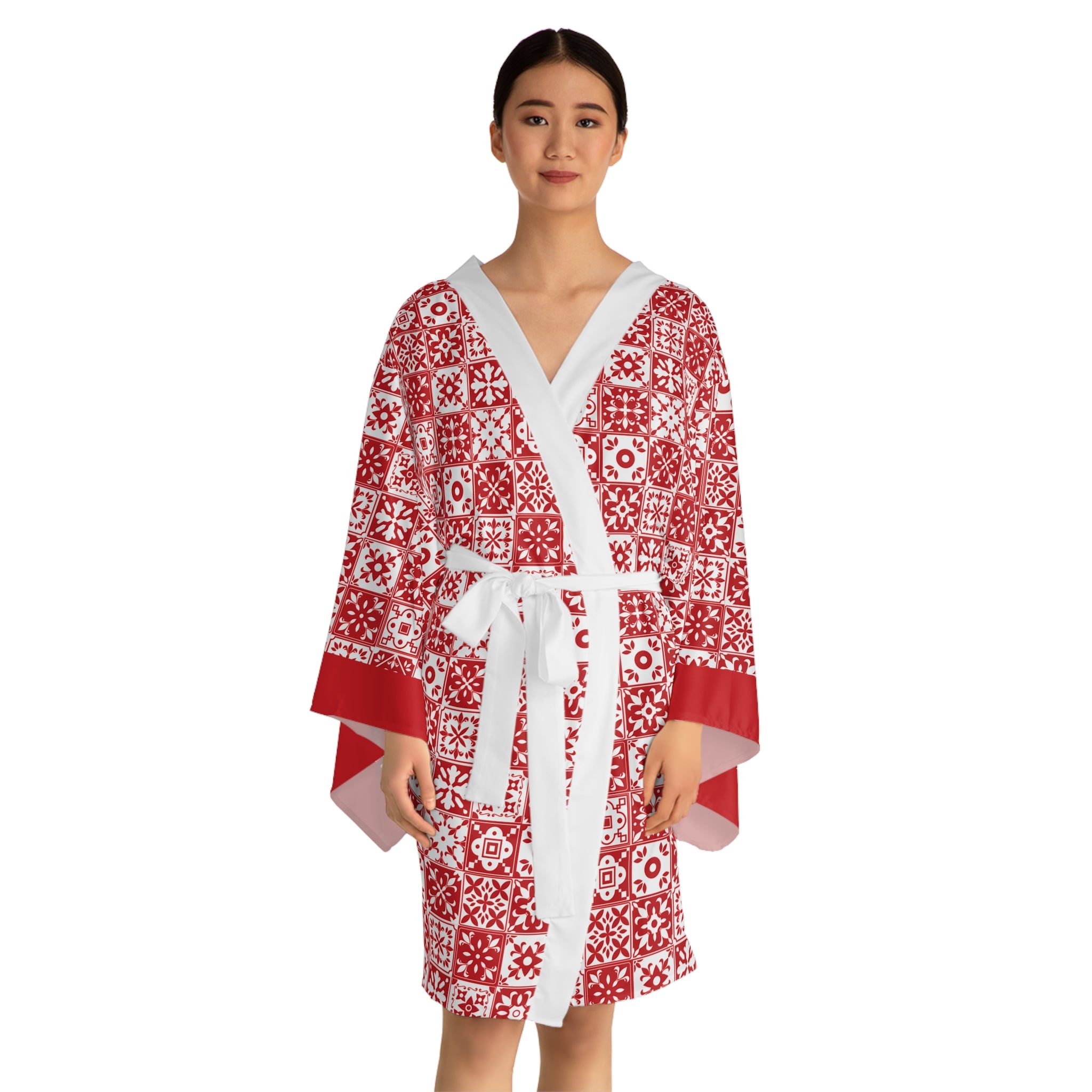 Mediterraneo Mosaic - Red  - Big Print - Long Sleeve Kimono Robe - Chic Loungewear, Spa Outfit, Gift for Her, Inner Peace, Home Comfort