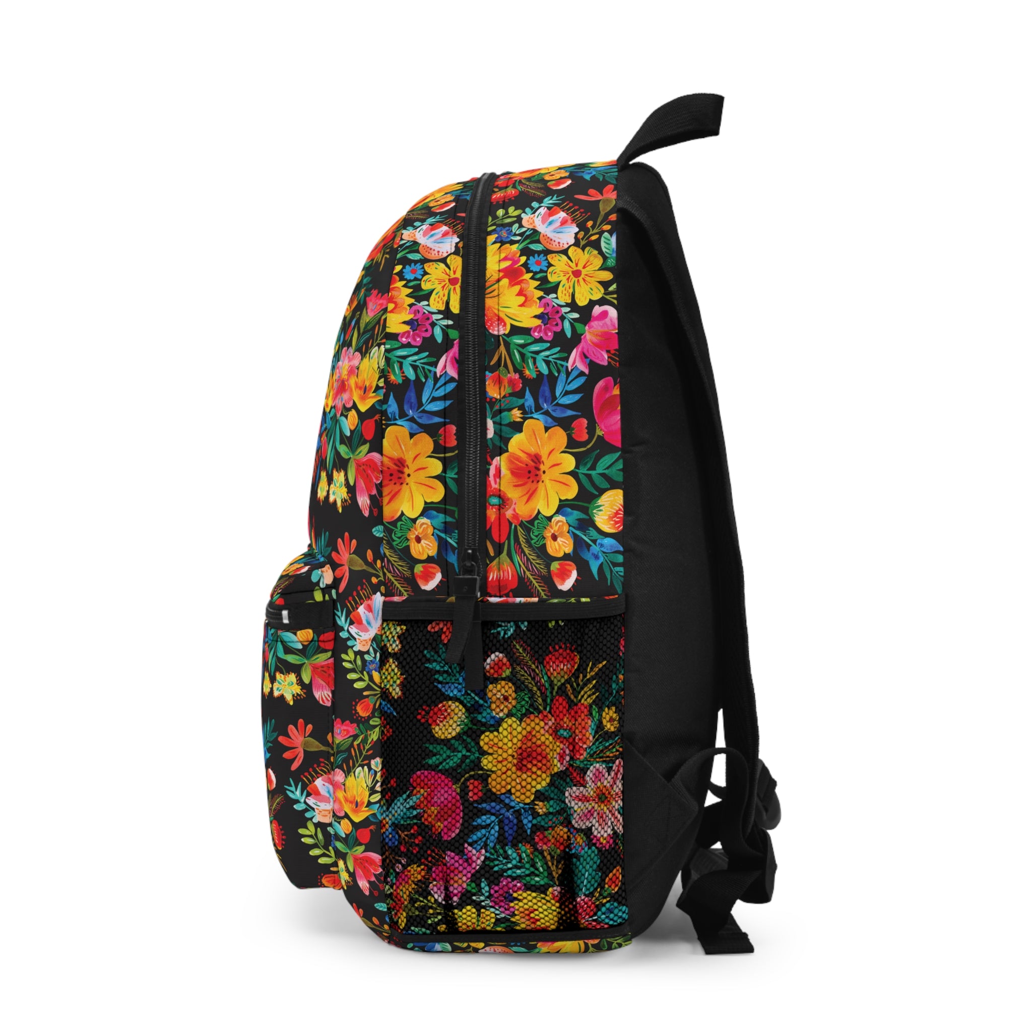 Bright Watercolor Flowers Backpack - Travel Bag with Black Duck Design - Black