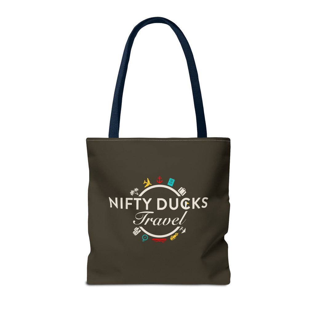 Nifty Ducks Travel Logo - Travel Tote Bag - Signature Brown Background - Beach & Weekend Carryall