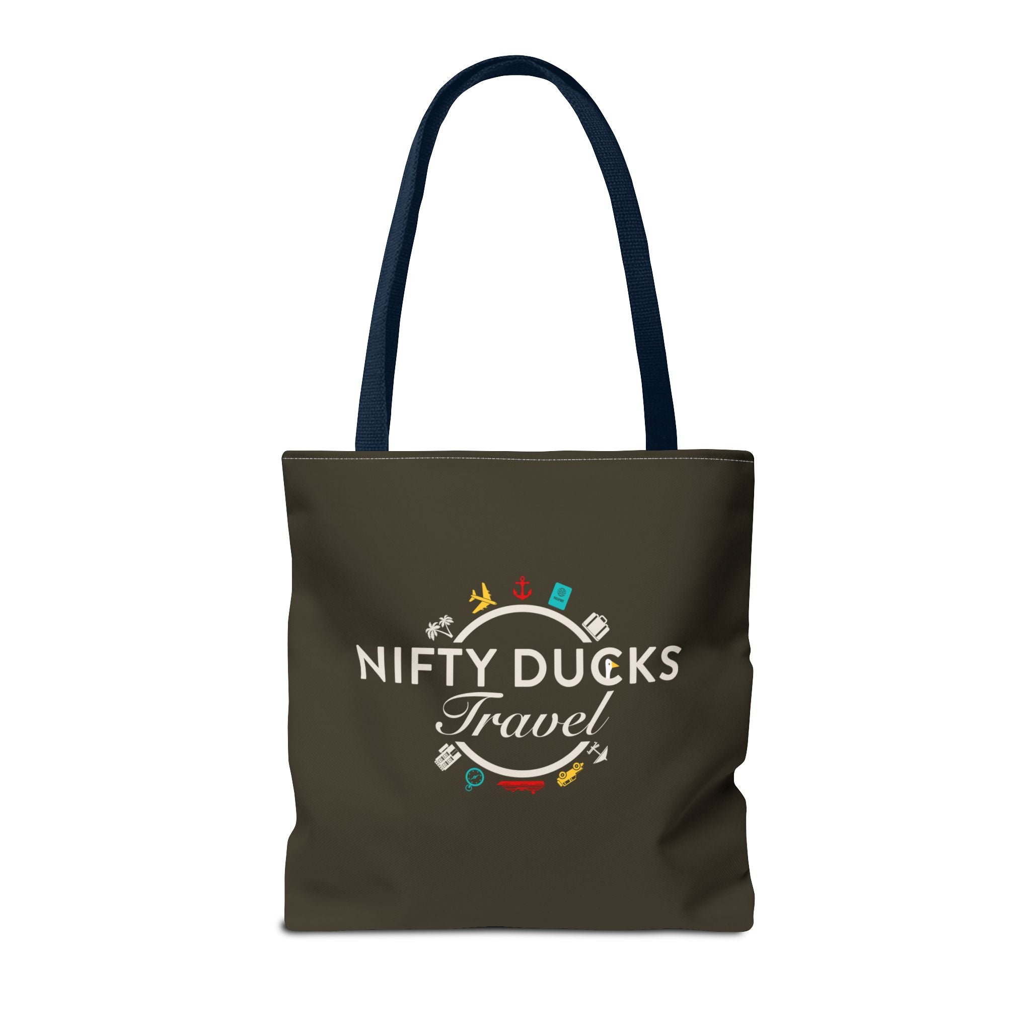 Nifty Ducks Travel Logo - Travel Tote Bag - Signature Brown Background - Beach & Weekend Carryall