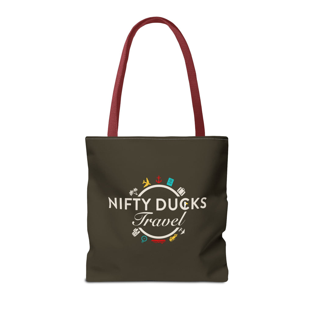 Nifty Ducks Travel Logo - Travel Tote Bag - Signature Brown Background - Beach & Weekend Carryall