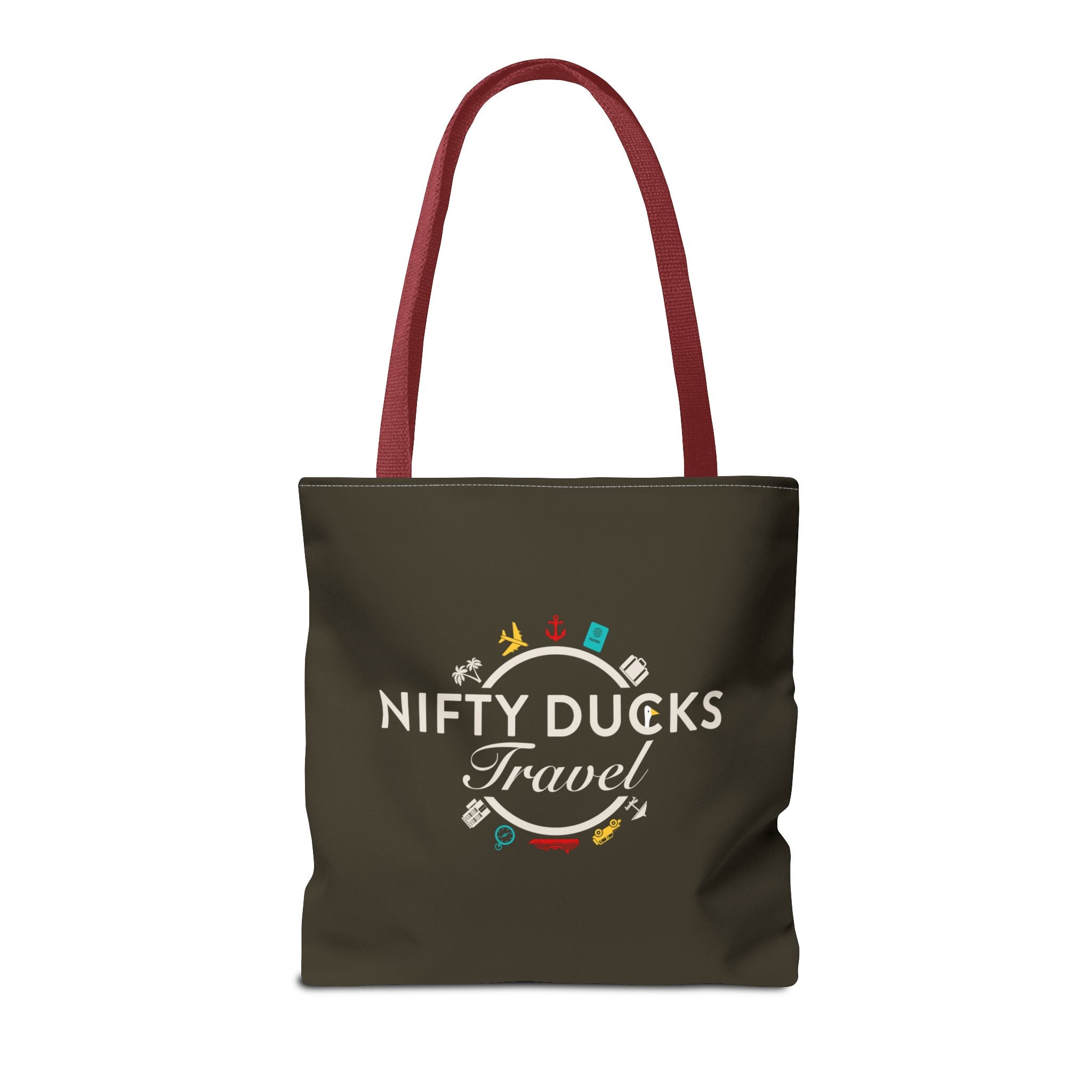 Nifty Ducks Travel Logo - Travel Tote Bag - Signature Brown Background - Beach & Weekend Carryall
