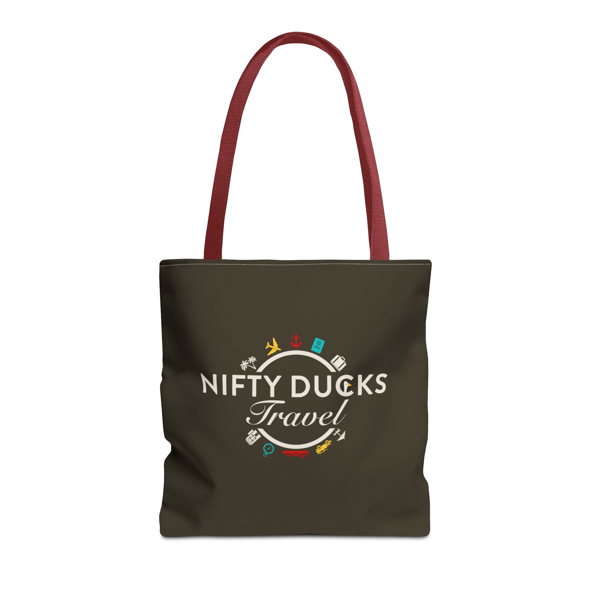 Nifty Ducks Travel Logo - Travel Tote Bag - Signature Brown Background - Beach & Weekend Carryall
