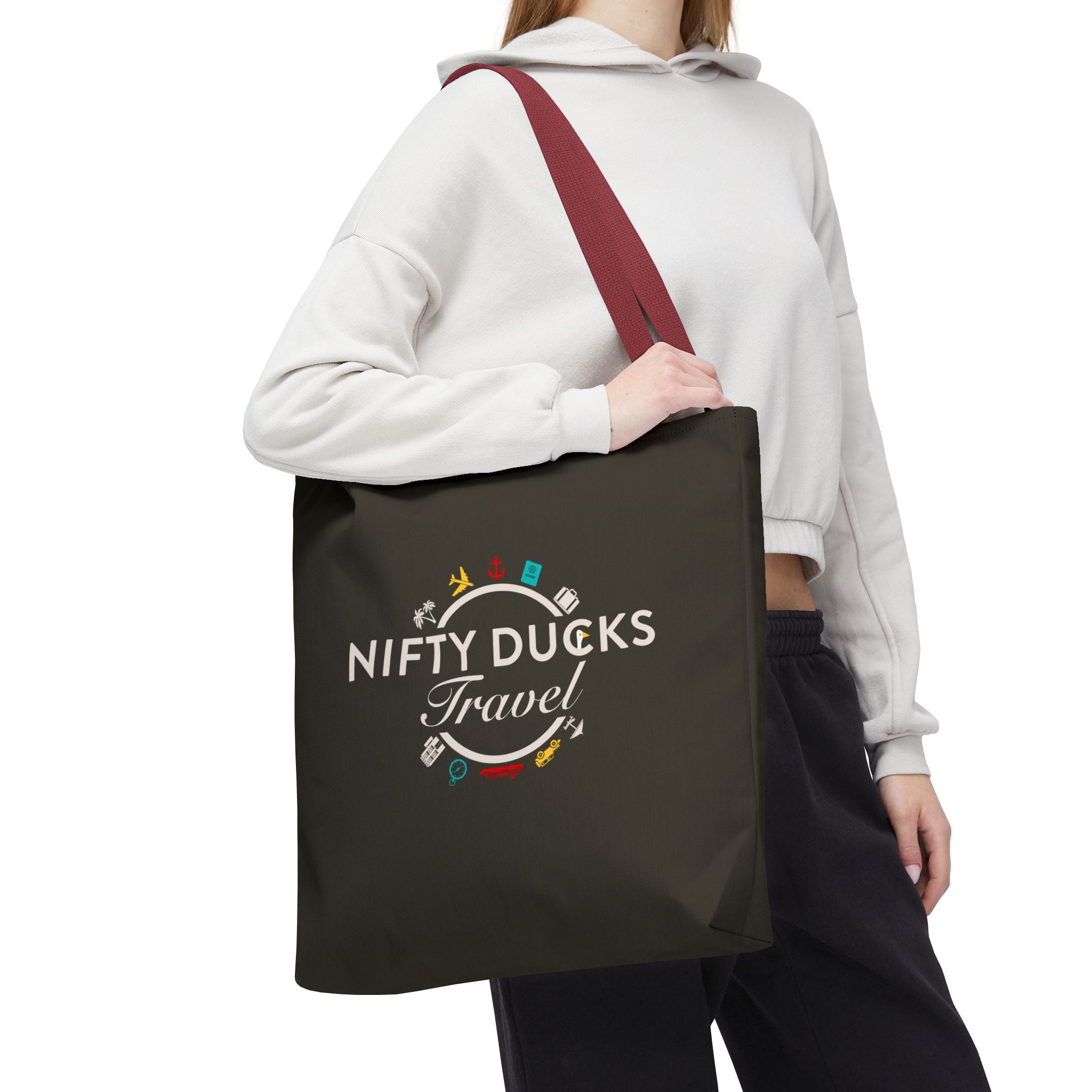Nifty Ducks Travel Logo - Travel Tote Bag - Signature Brown Background - Beach & Weekend Carryall