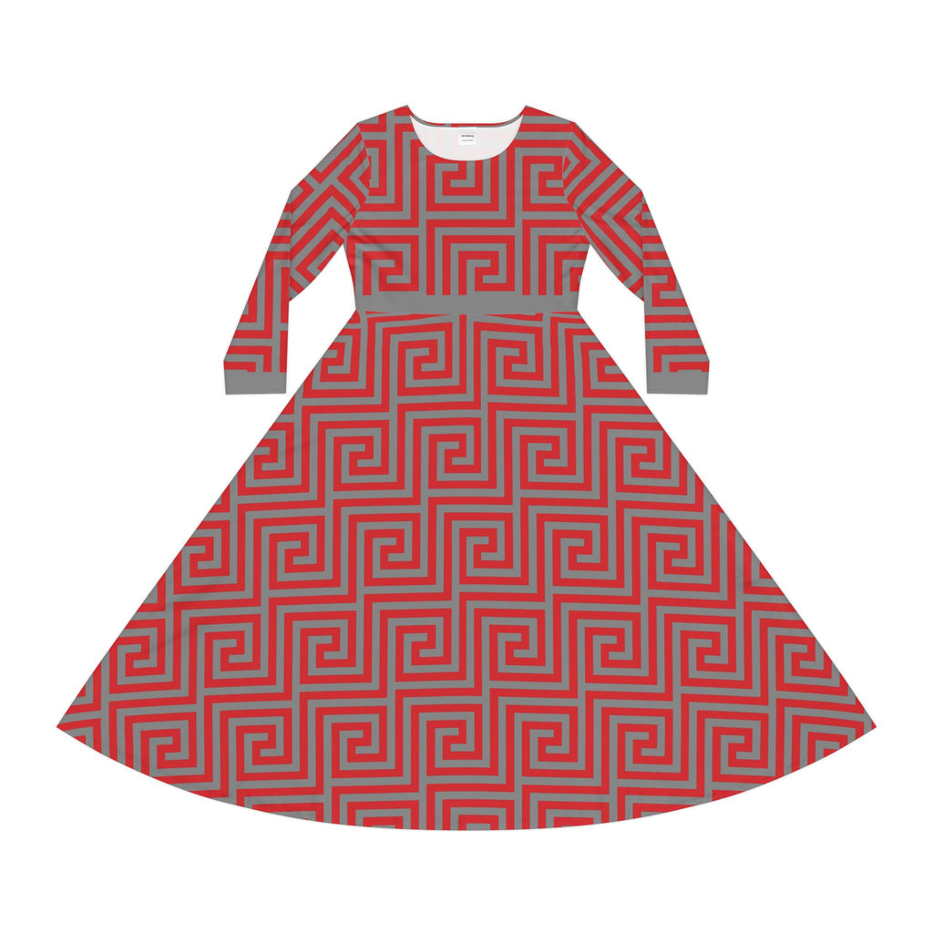 Elegant Women's Long Sleeve Dance Dress - Red & Gray Geometric Pattern