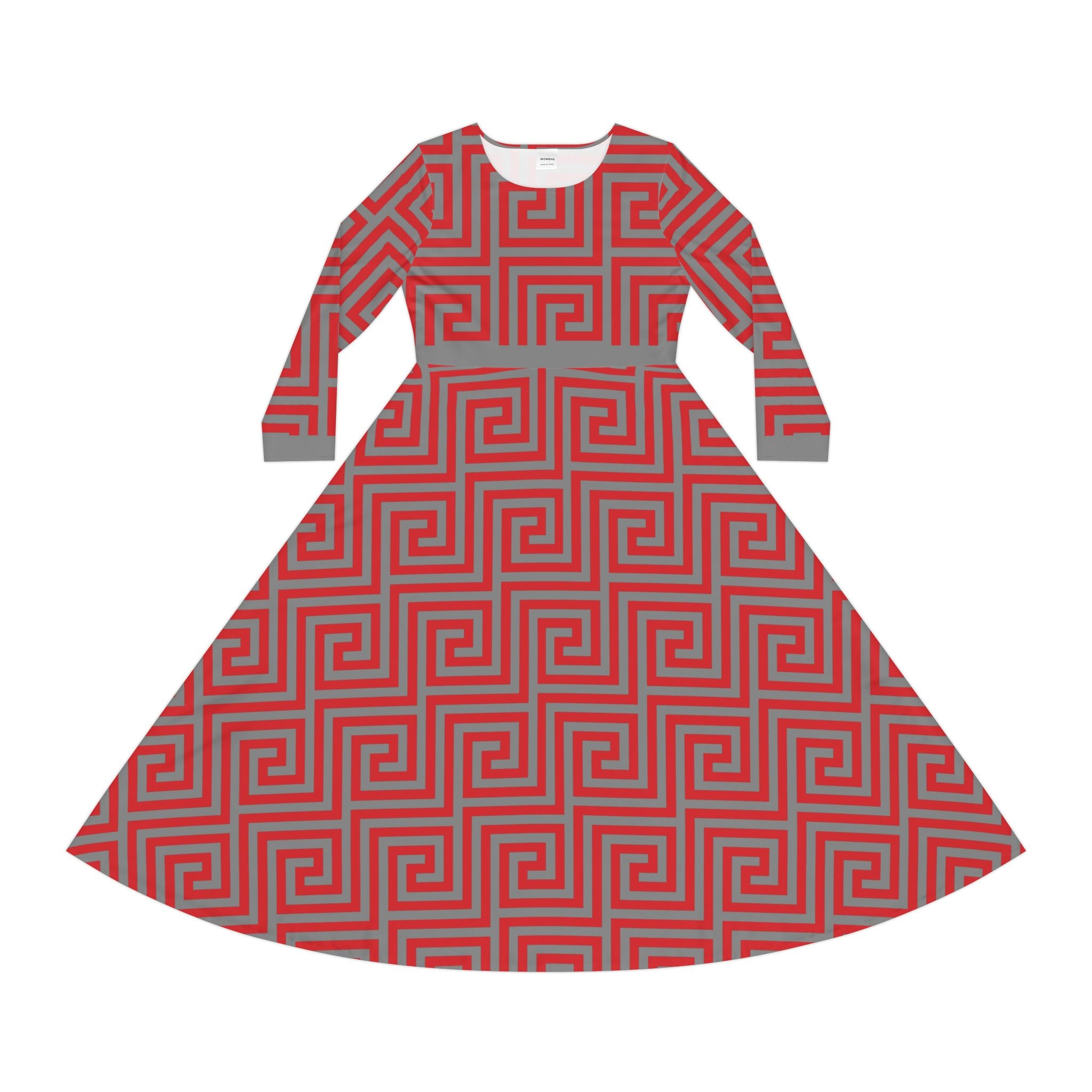Elegant Women's Long Sleeve Dance Dress - Red & Gray Geometric Pattern