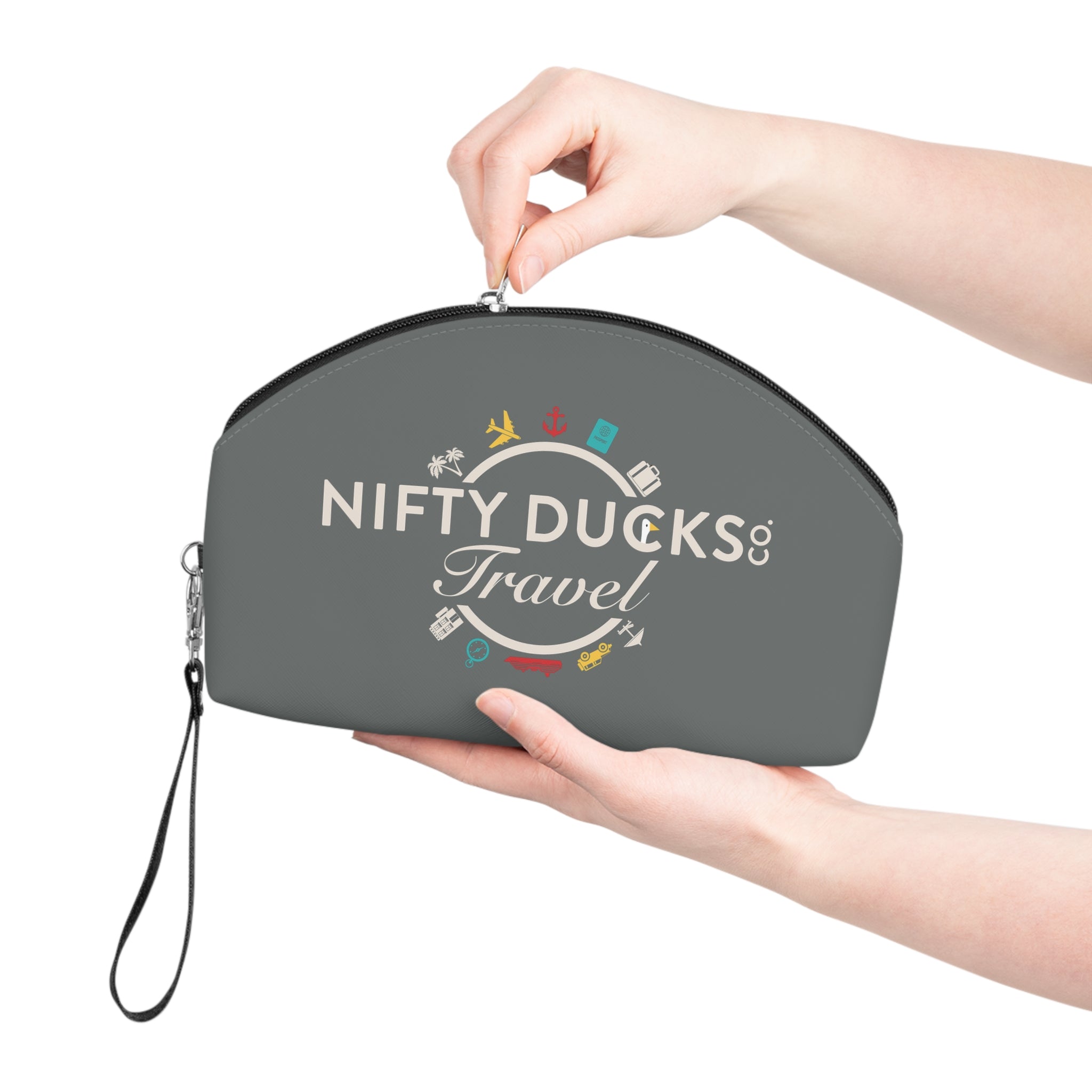 Nifty Ducks Travel Logo - Makeup Bag - Fun & Functional Travel Accessory - Dark Gray