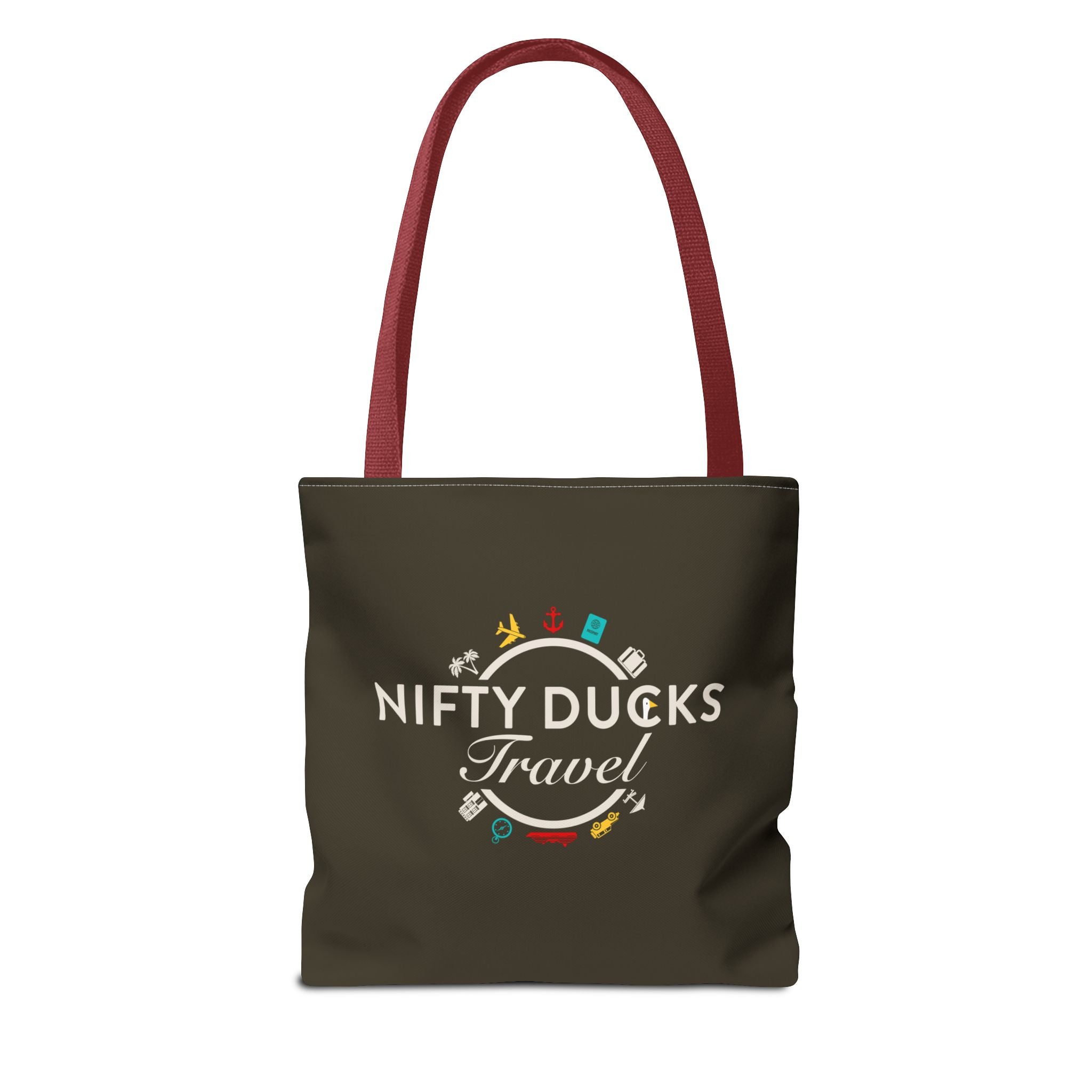 Nifty Ducks Travel Logo - Travel Tote Bag - Signature Brown Background - Beach & Weekend Carryall