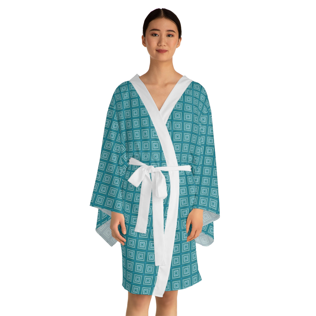Monochromatic Squares - Teal - Long Sleeve Kimono Robe - Chic Loungewear, Spa Outfit, Gift for Her, Inner Peace, Home Comfort