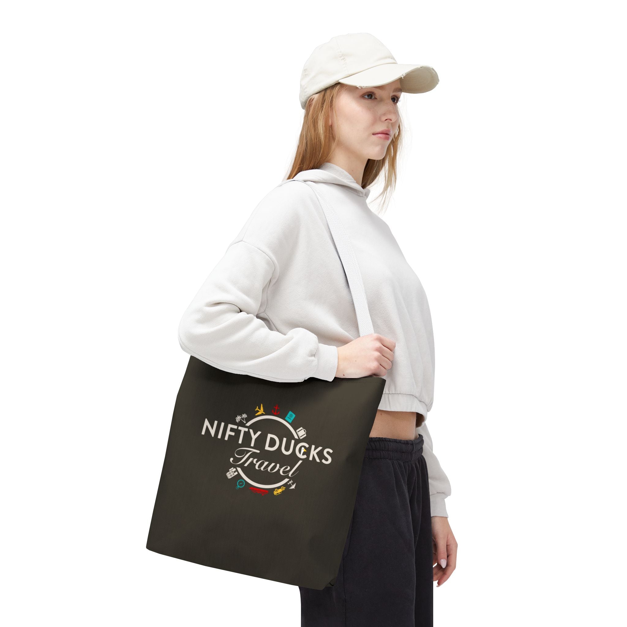 Nifty Ducks Travel Logo - Travel Tote Bag - Signature Brown Background - Beach & Weekend Carryall