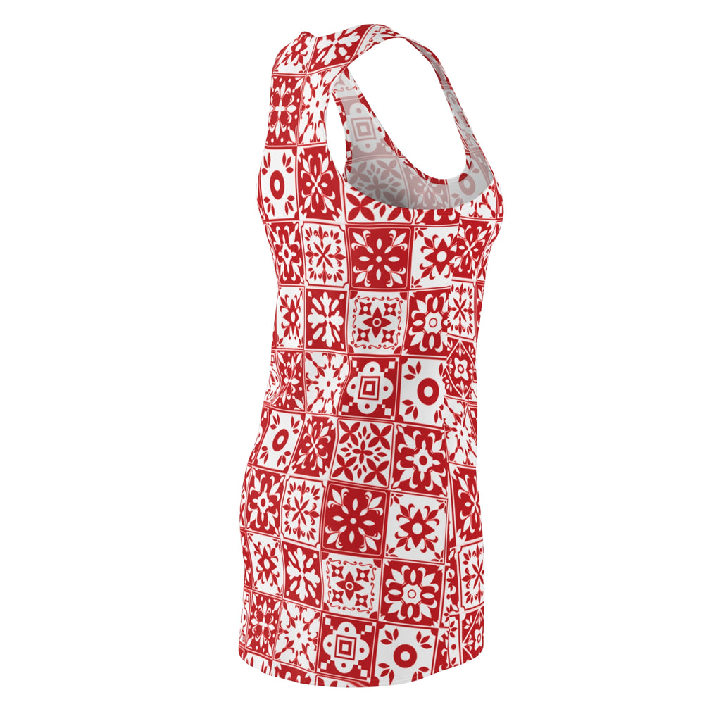 Mediterraneo Mosaic - Red - Big Print -  Racerback Dress for Summer Fun, Beach Wear, Vacation Style, Party Outfit, Ladies Sundress