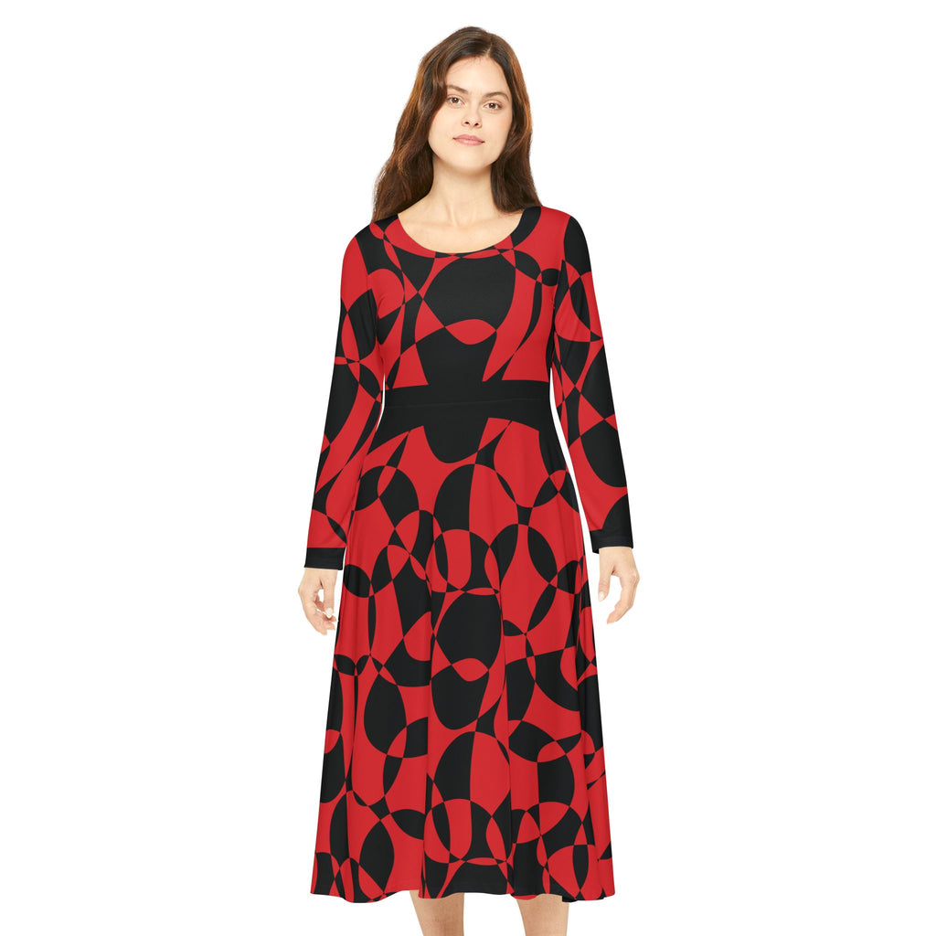 Elegant Women's Long Sleeve Dance Dress - Scarlet Synphony & Black Geometric Pattern