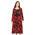 Elegant Women's Long Sleeve Dance Dress - Scarlet Symphony & Black Geometric Pattern