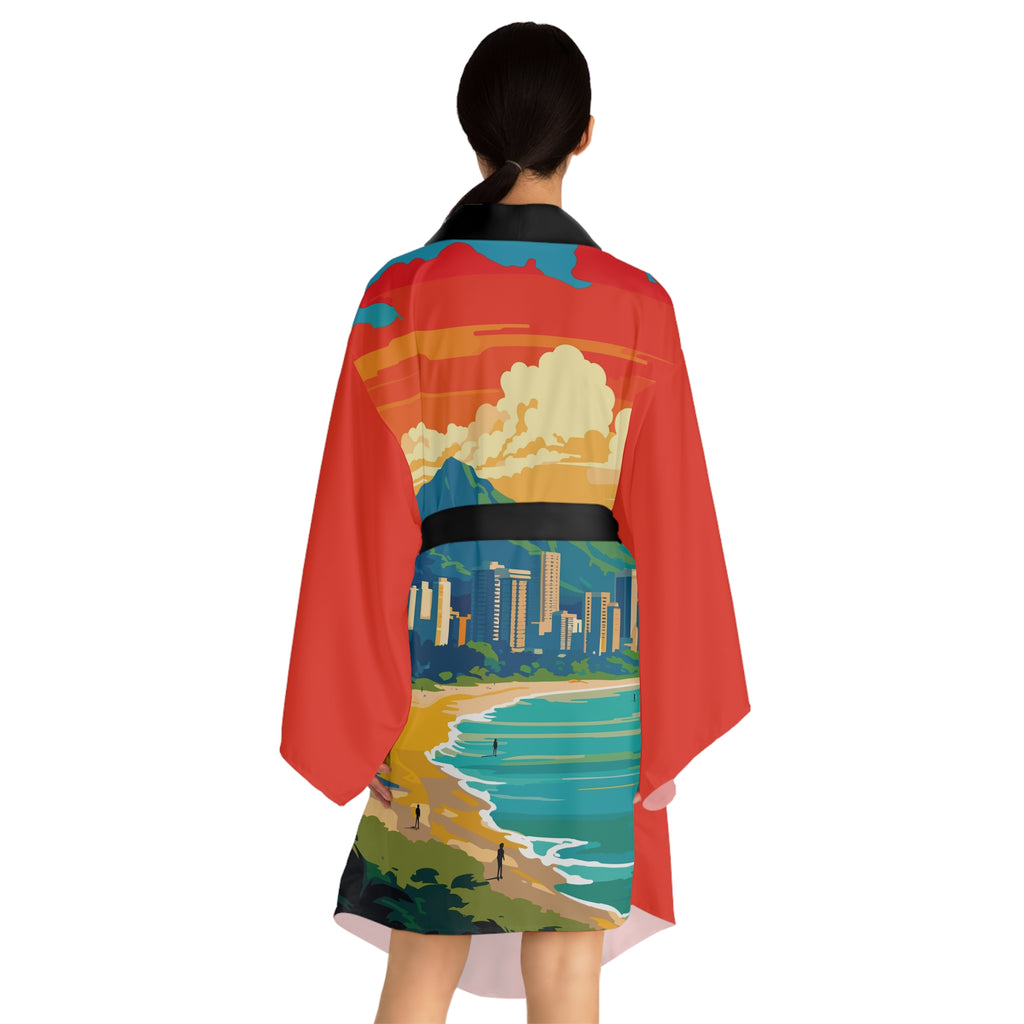 Cities and Landmarks - Honolulu - Hawaii - Long Sleeve Kimono Robe - Chic Loungewear, Spa Outfit, Gift for Her, Inner Peace, Home Comfort