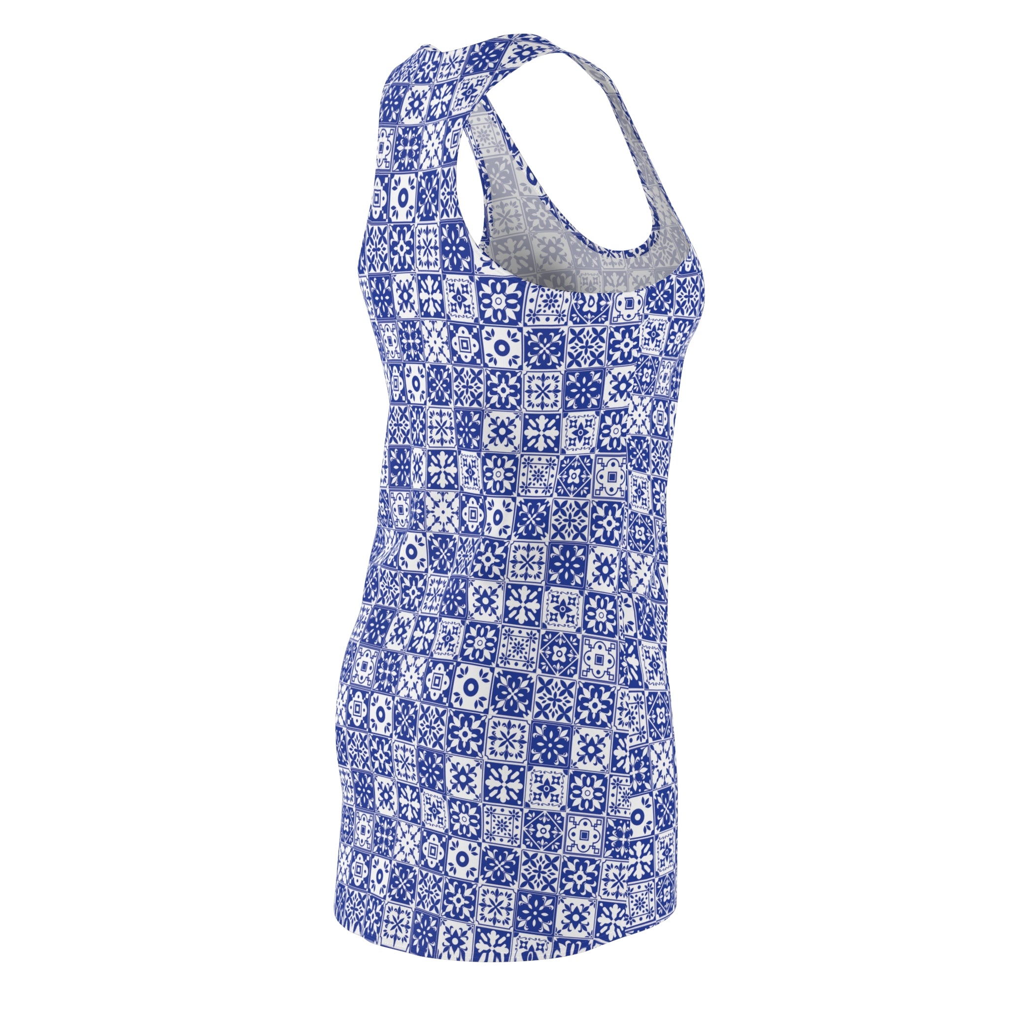 Mediterraneo Mosaic - Blue - Small Print -  Racerback Dress for Summer Fun, Beach Wear, Vacation Style, Party Outfit, Ladies Sundress