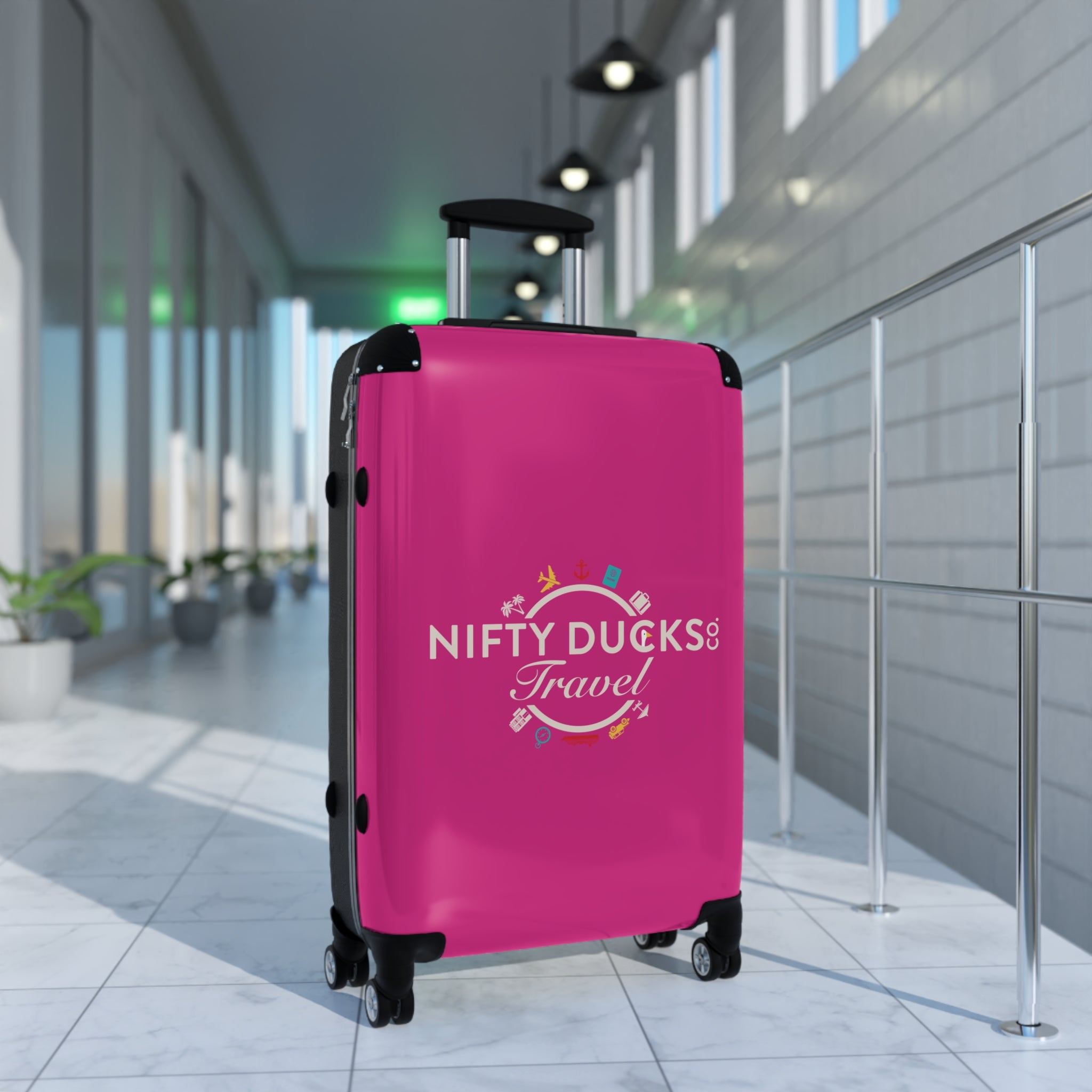 Nifty Ducks Travel Logo Suitcase - Stylish Luggage for Adventurers - Barbie Pink