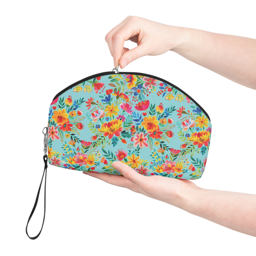 Bright Watercolor Flowers Makeup Bag - Fun & Functional Travel Accessory - Electric Blue