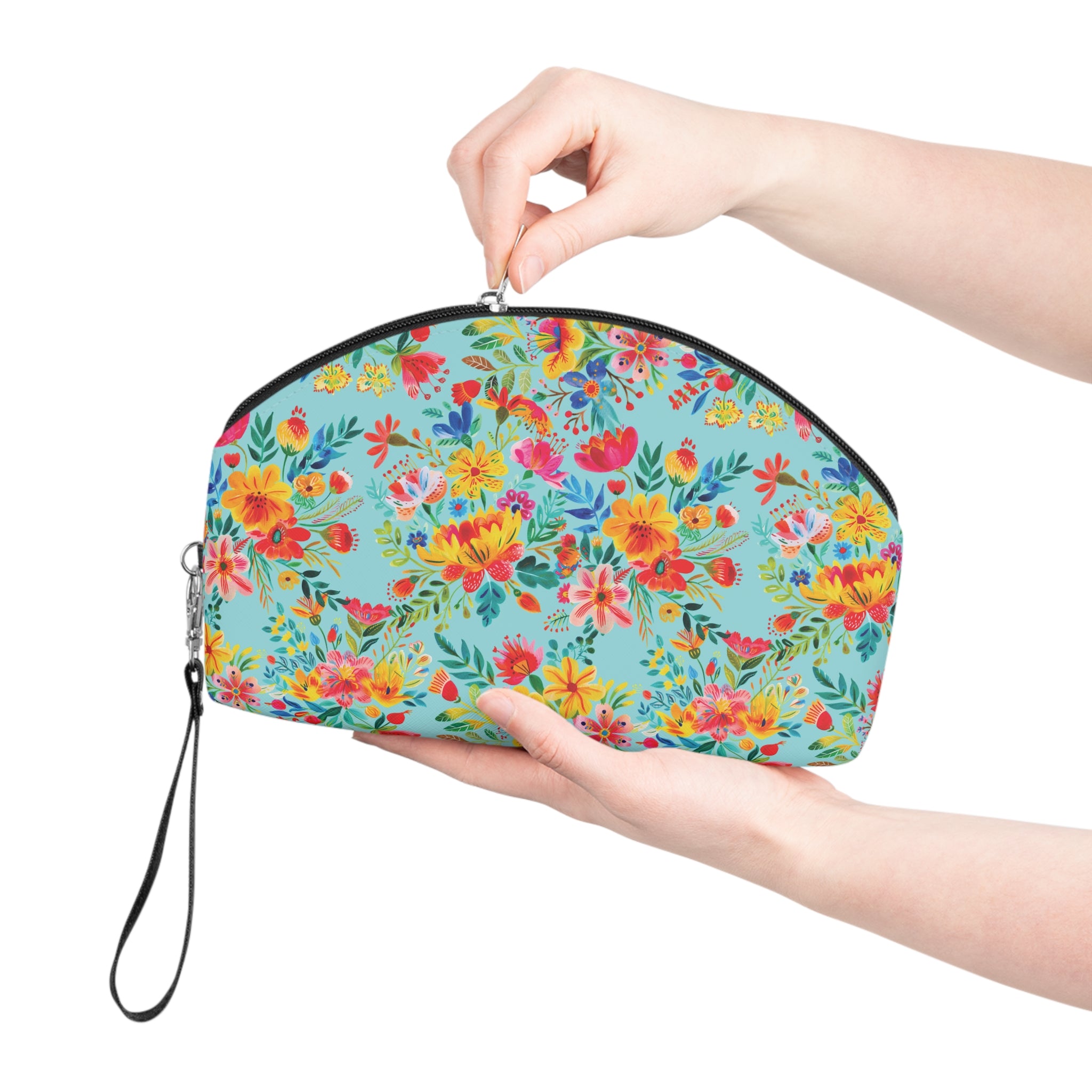 Bright Watercolor Flowers Makeup Bag - Fun & Functional Travel Accessory - Electric Blue