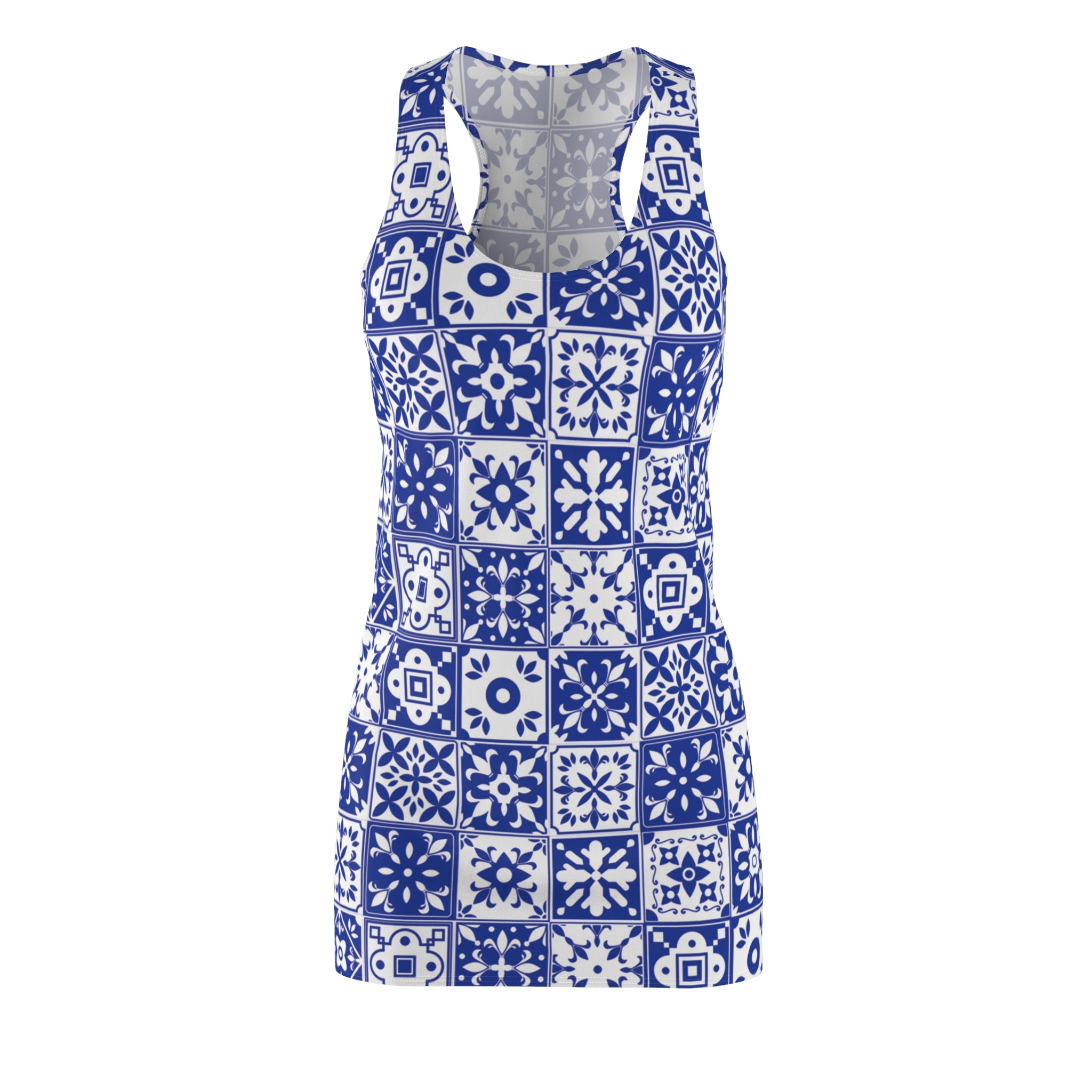 Mediterraneo Mosaic - Blue - Big Print -  Racerback Dress for Summer Fun, Beach Wear, Vacation Style, Party Outfit, Ladies Sundress