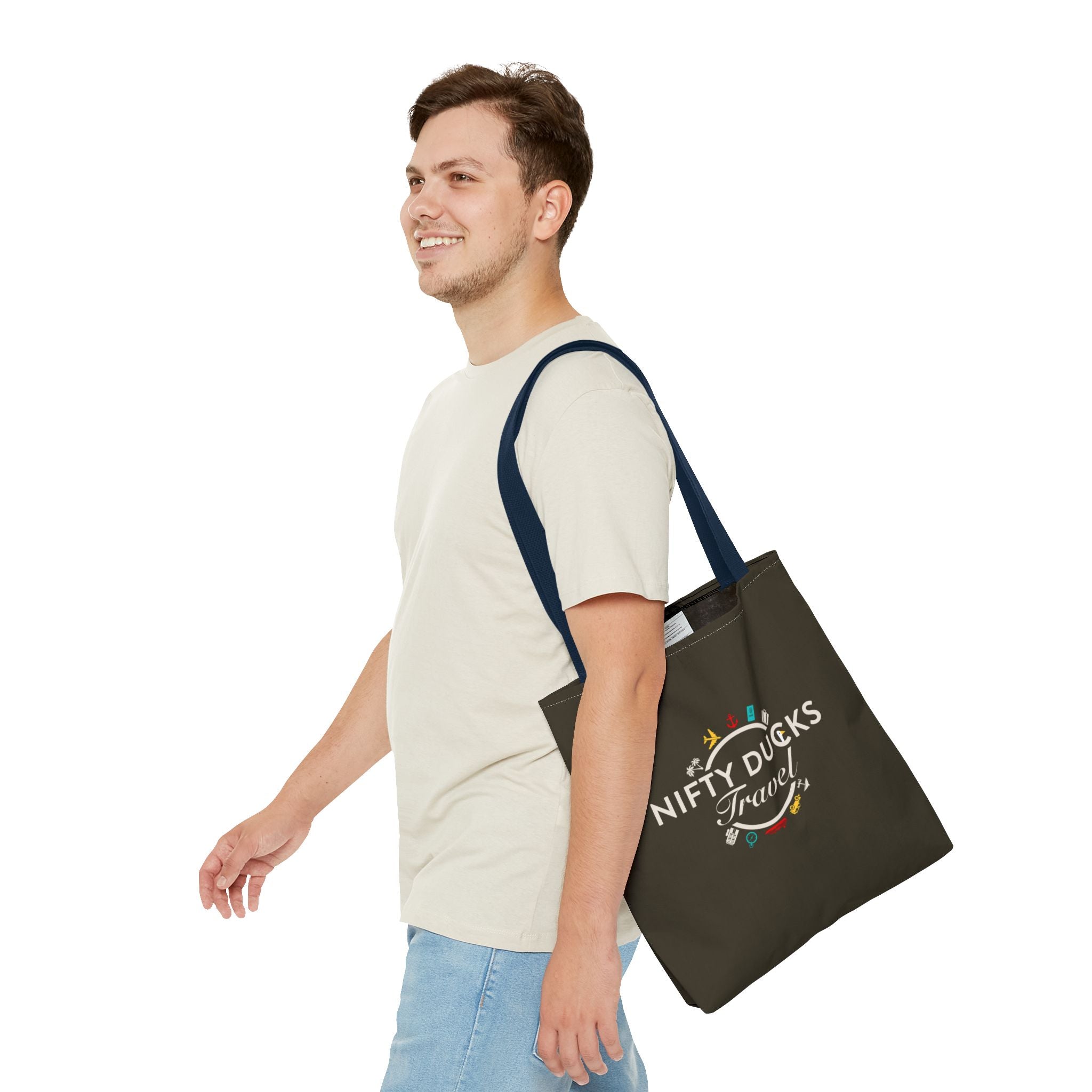 Nifty Ducks Travel Logo - Travel Tote Bag - Signature Brown Background - Beach & Weekend Carryall