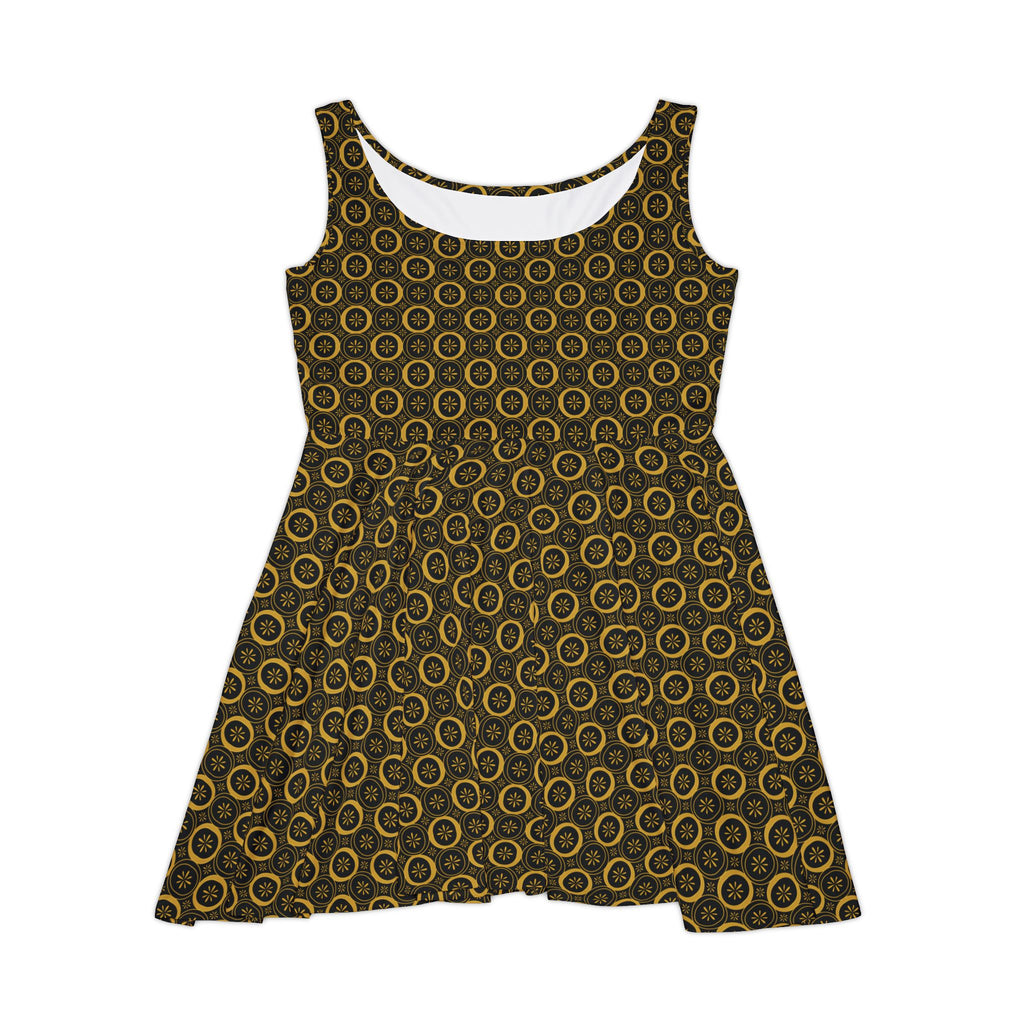 Solaris - Gold - Black - Skater Dress, Stylish Summer Dress, Casual Party Outfit, Unique Gift for Her, Fun Dress for Festivals