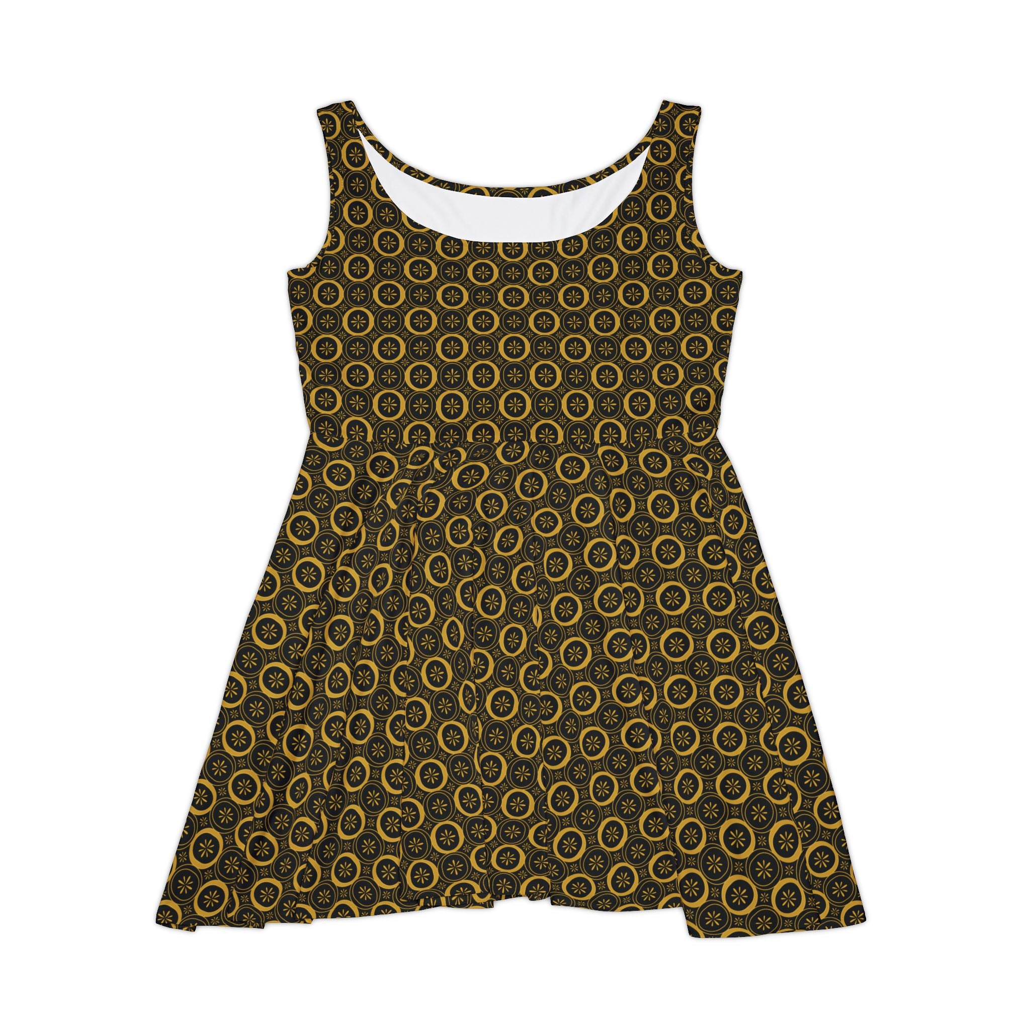 Solaris - Gold - Black - Skater Dress, Stylish Summer Dress, Casual Party Outfit, Unique Gift for Her, Fun Dress for Festivals