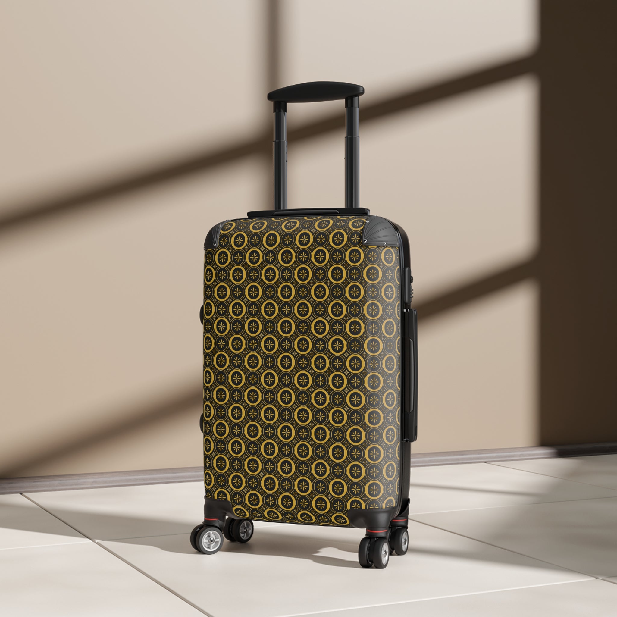 Patterned suitcase on a light wooden floor with a neutral wall background