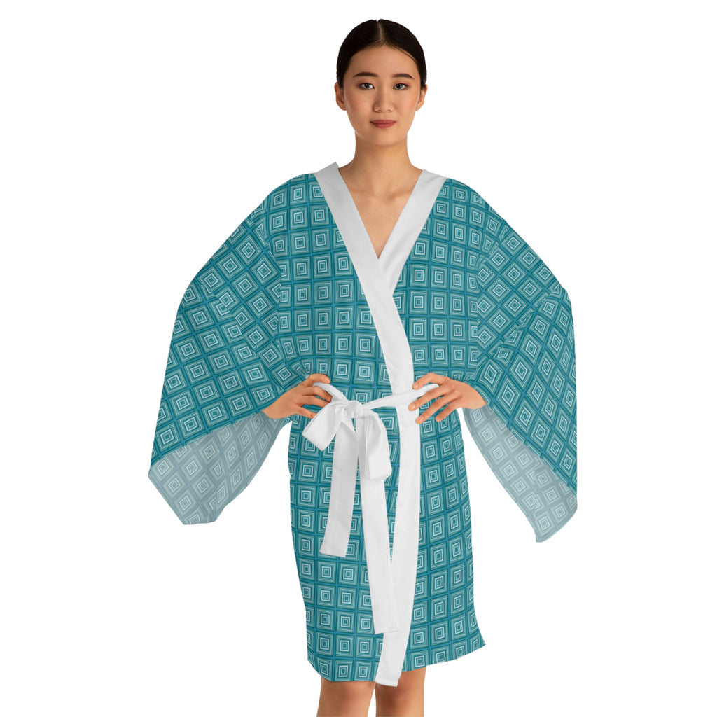 Monochromatic Squares - Teal - Long Sleeve Kimono Robe - Chic Loungewear, Spa Outfit, Gift for Her, Inner Peace, Home Comfort