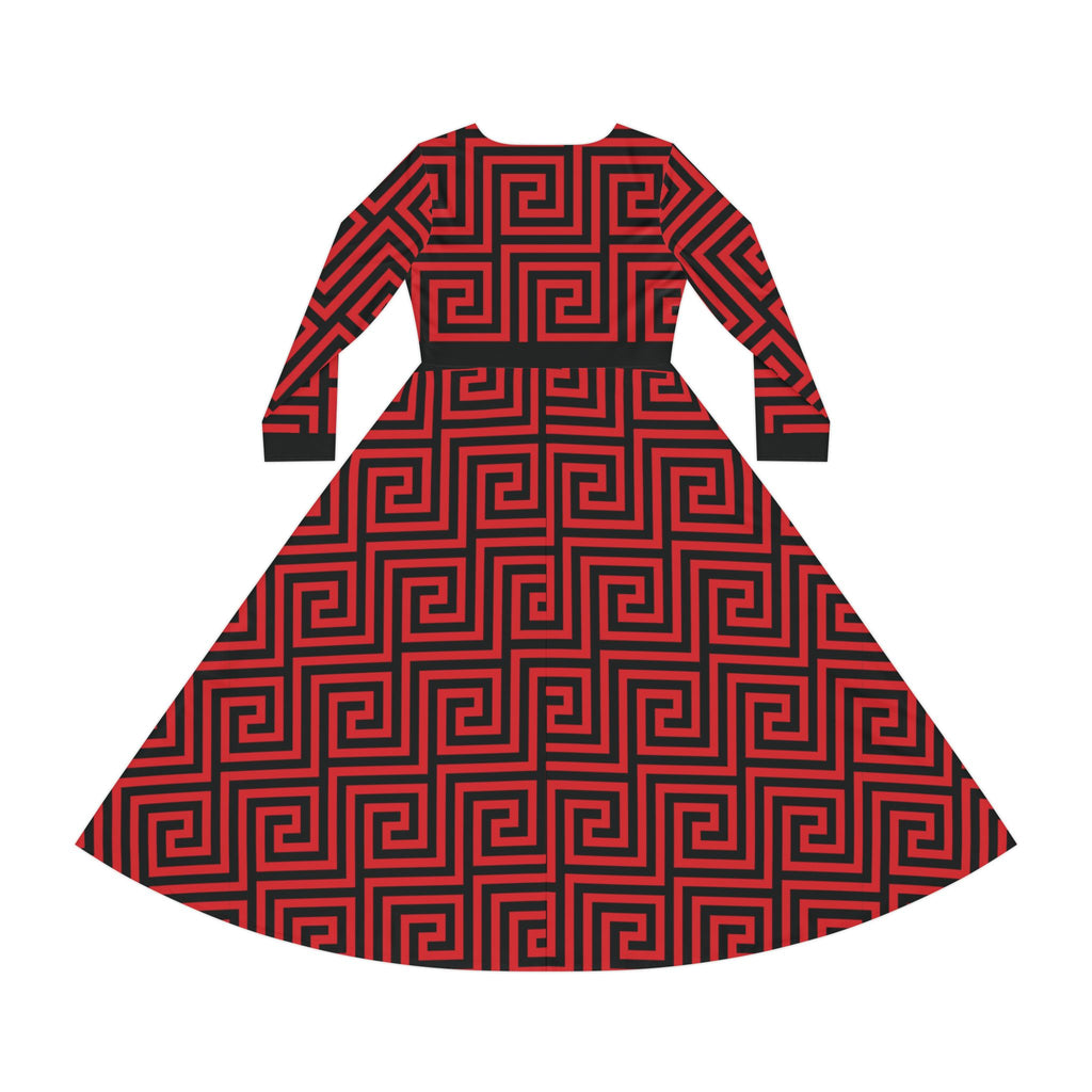 Elegant Women's Long Sleeve Dance Dress - Red & Black Geometric Pattern