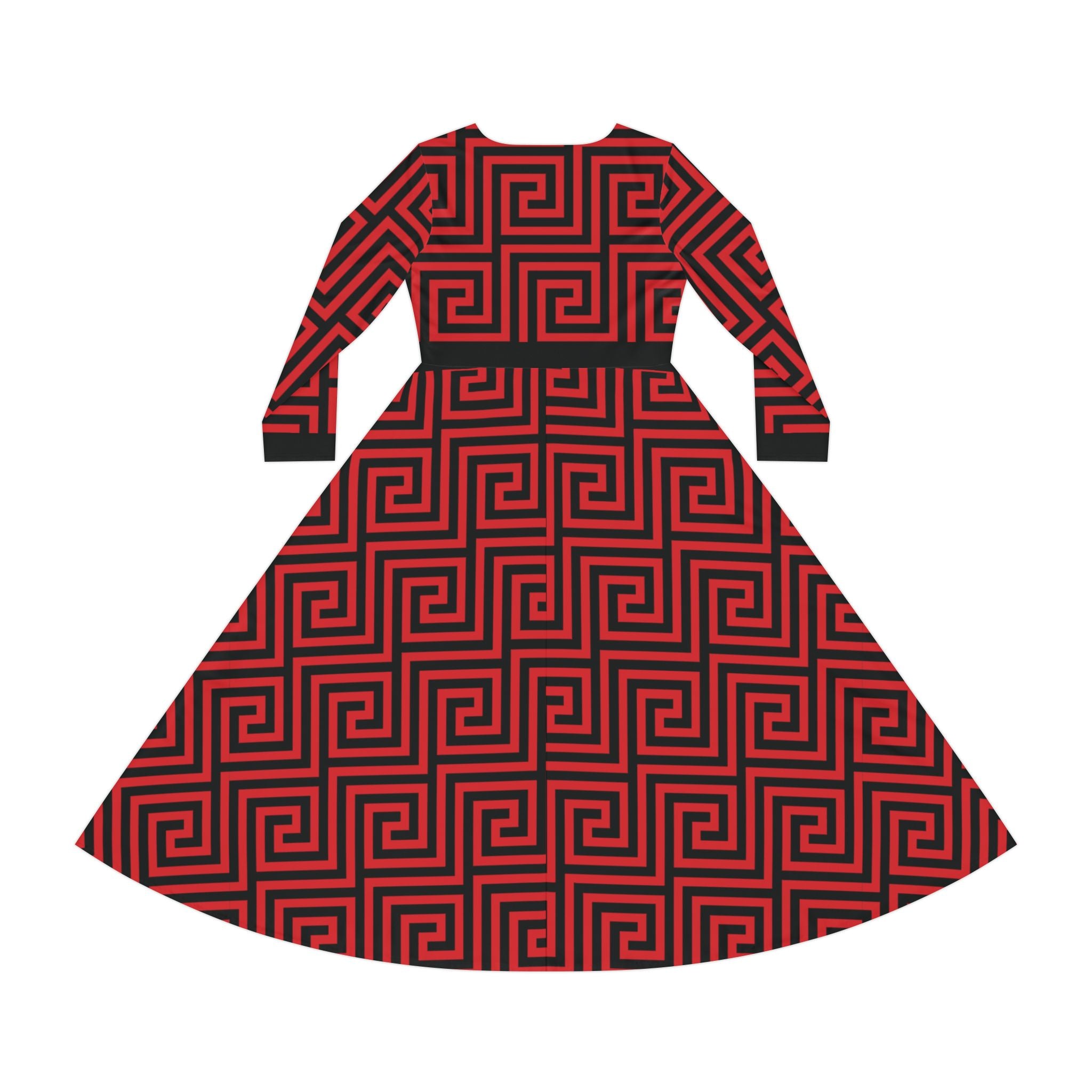Elegant Women's Long Sleeve Dance Dress - Red & Black Geometric Pattern