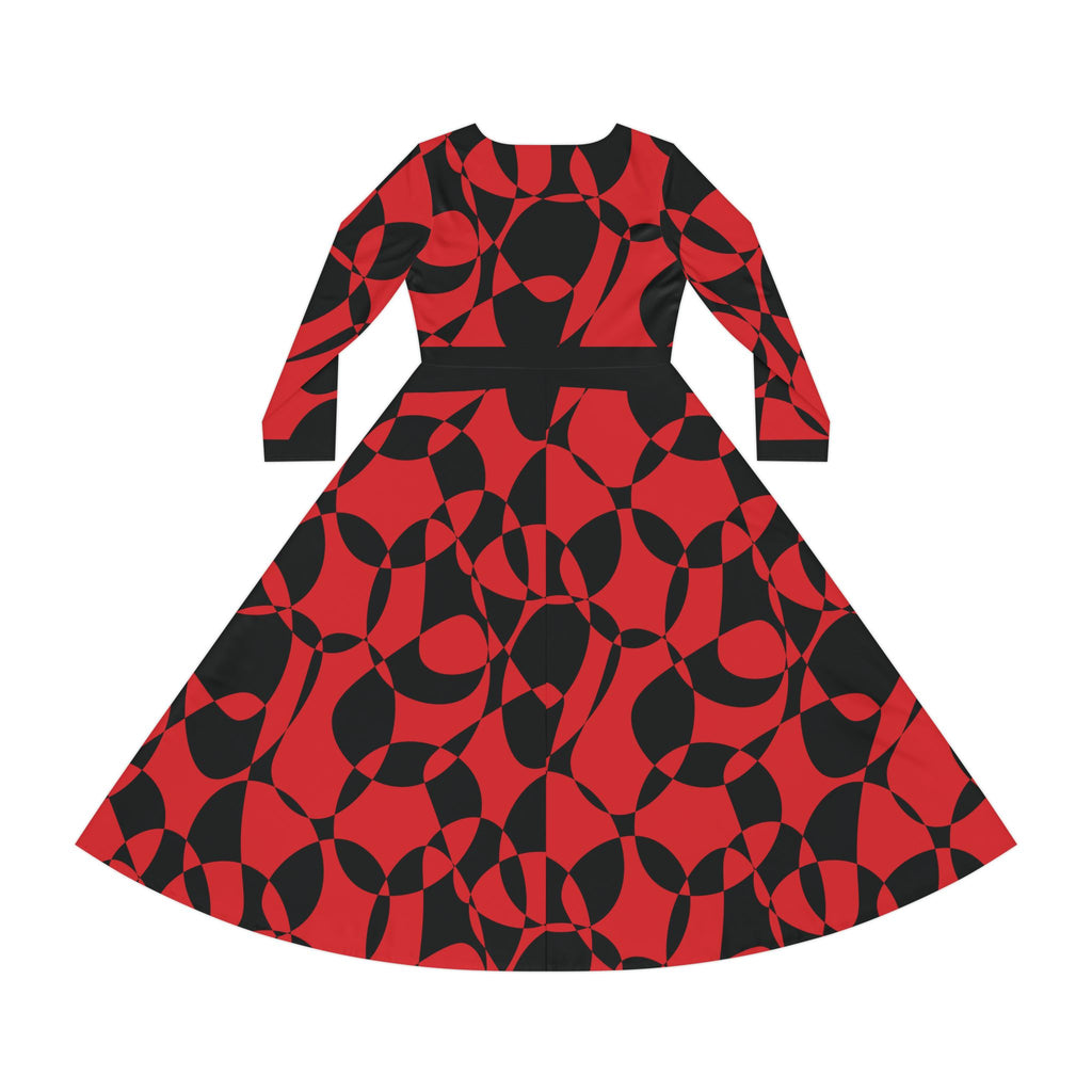 Elegant Women's Long Sleeve Dance Dress - Scarlet Synphony & Black Geometric Pattern