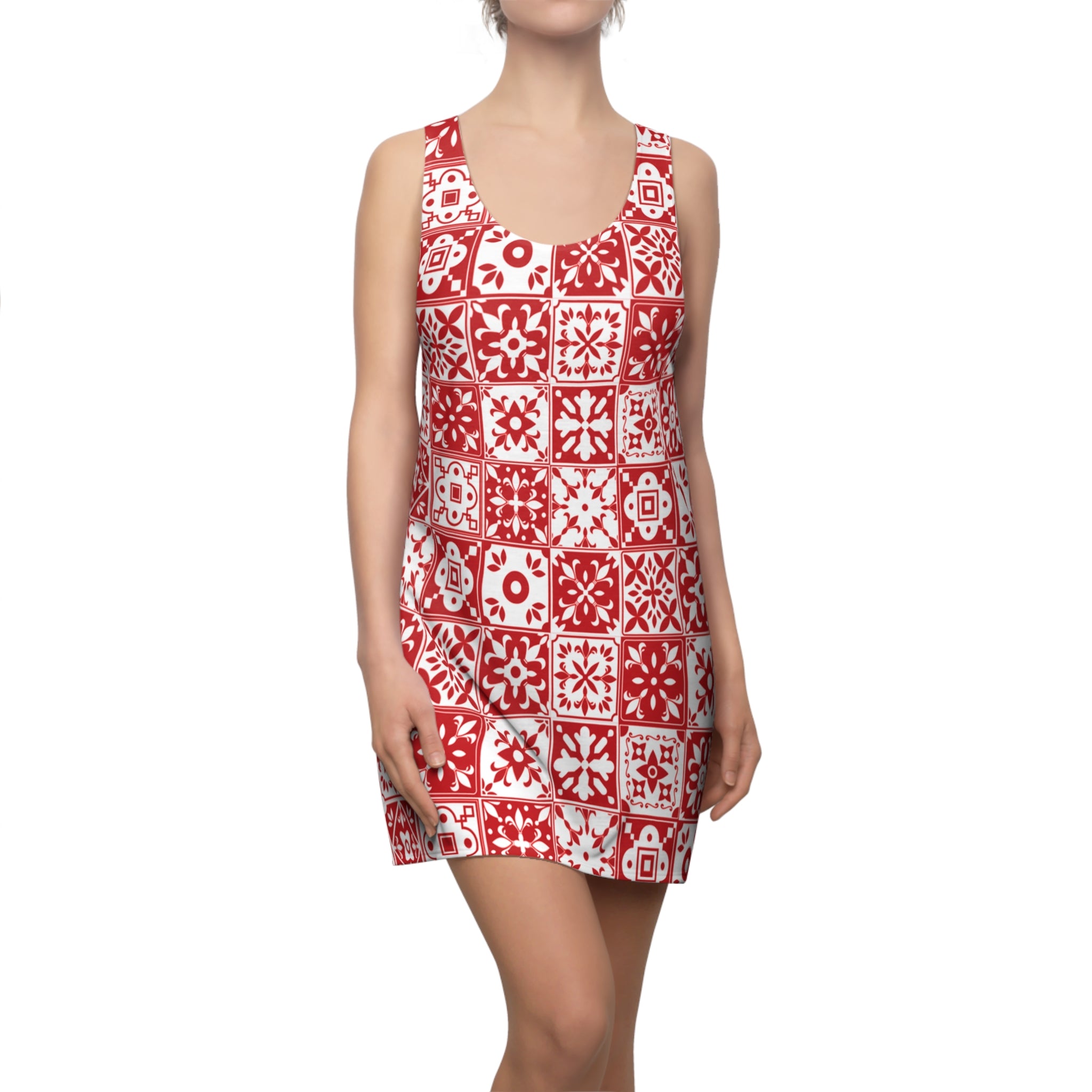 Mediterraneo Mosaic - Red - Big Print -  Racerback Dress for Summer Fun, Beach Wear, Vacation Style, Party Outfit, Ladies Sundress