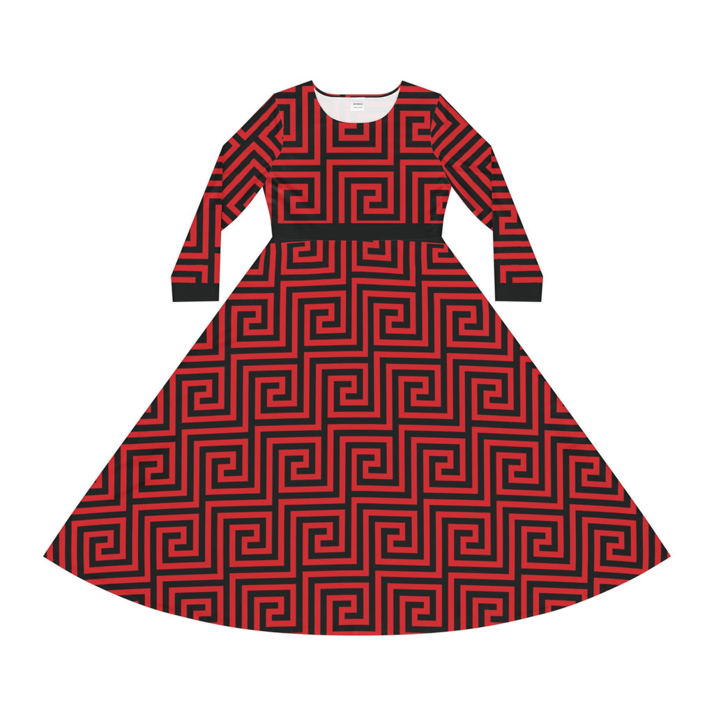 Elegant Women's Long Sleeve Dance Dress - Red & Black Geometric Pattern
