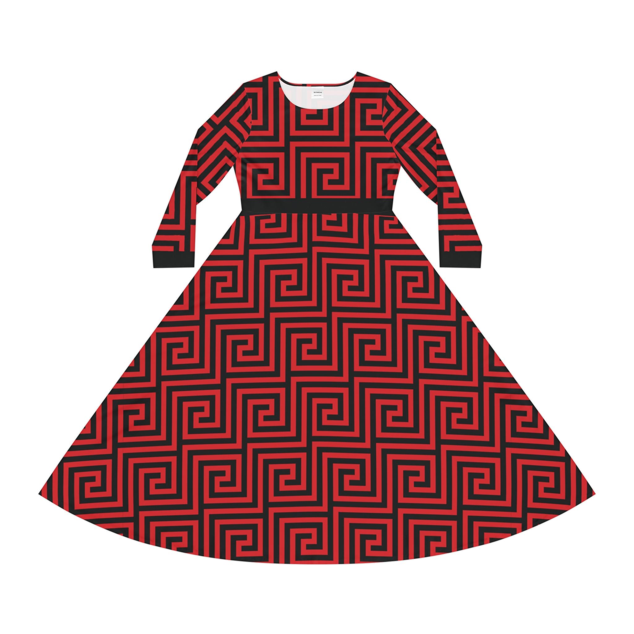 Elegant Women's Long Sleeve Dance Dress - Red & Black Geometric Pattern
