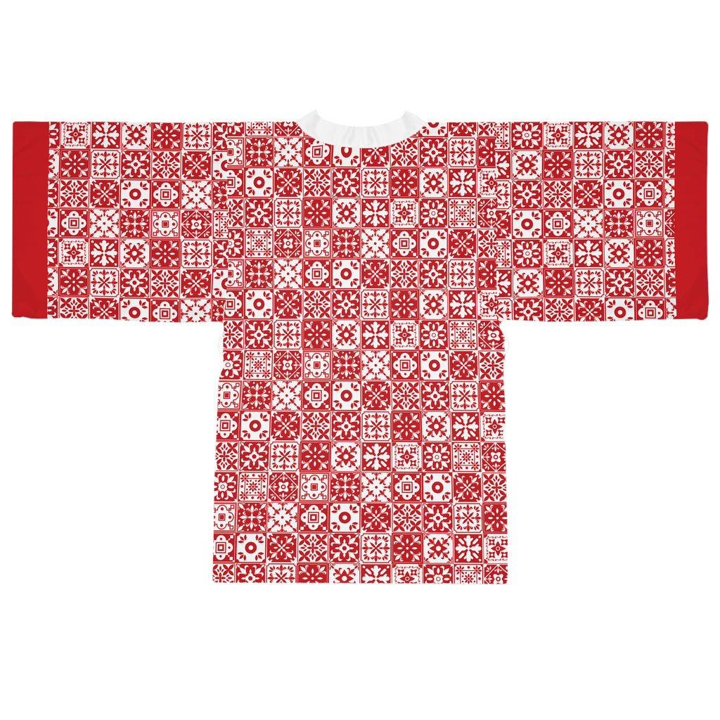 Mediterraneo Mosaic - Red  - Big Print - Long Sleeve Kimono Robe - Chic Loungewear, Spa Outfit, Gift for Her, Inner Peace, Home Comfort