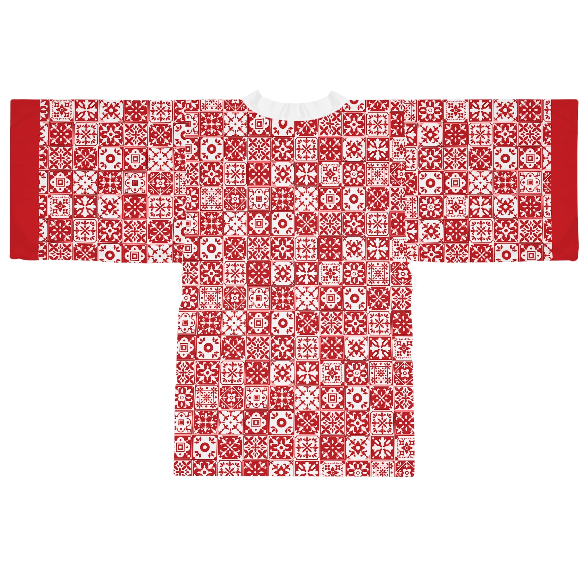 Mediterraneo Mosaic - Red  - Big Print - Long Sleeve Kimono Robe - Chic Loungewear, Spa Outfit, Gift for Her, Inner Peace, Home Comfort