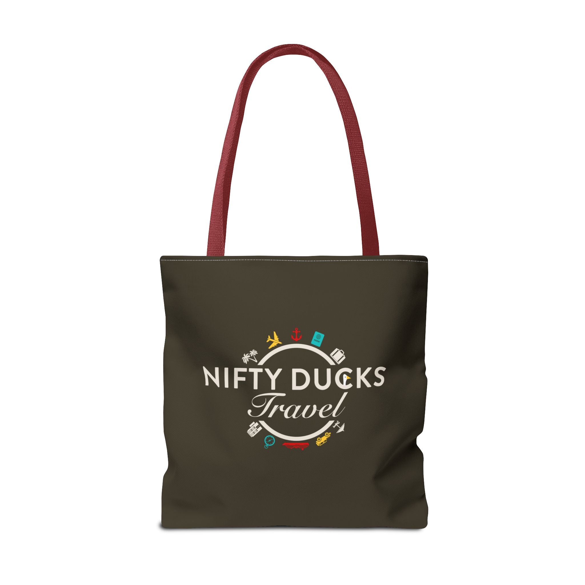 Nifty Ducks Travel Logo - Travel Tote Bag - Signature Brown Background - Beach & Weekend Carryall