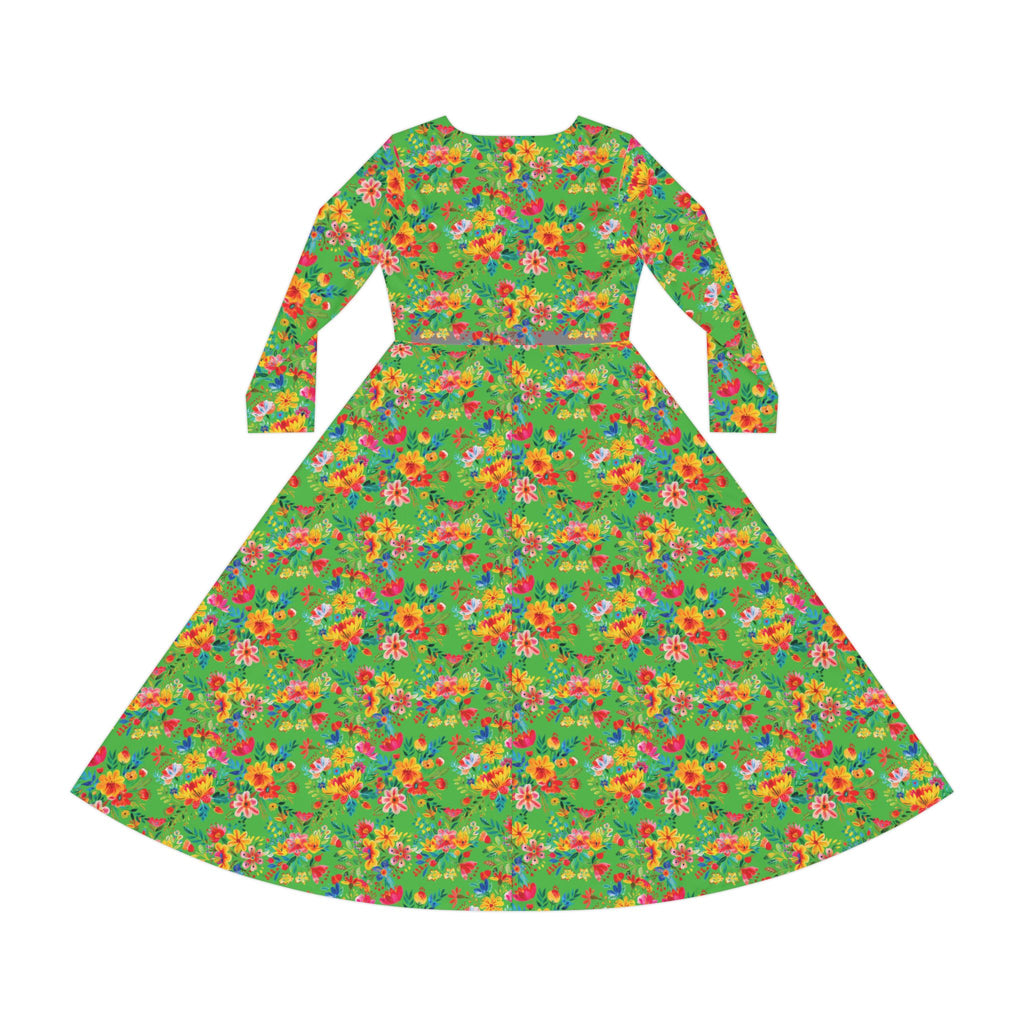 Elegant Women's Long Sleeve Dance Dress - Bright Bold Watercolors Flowers - Lime Green