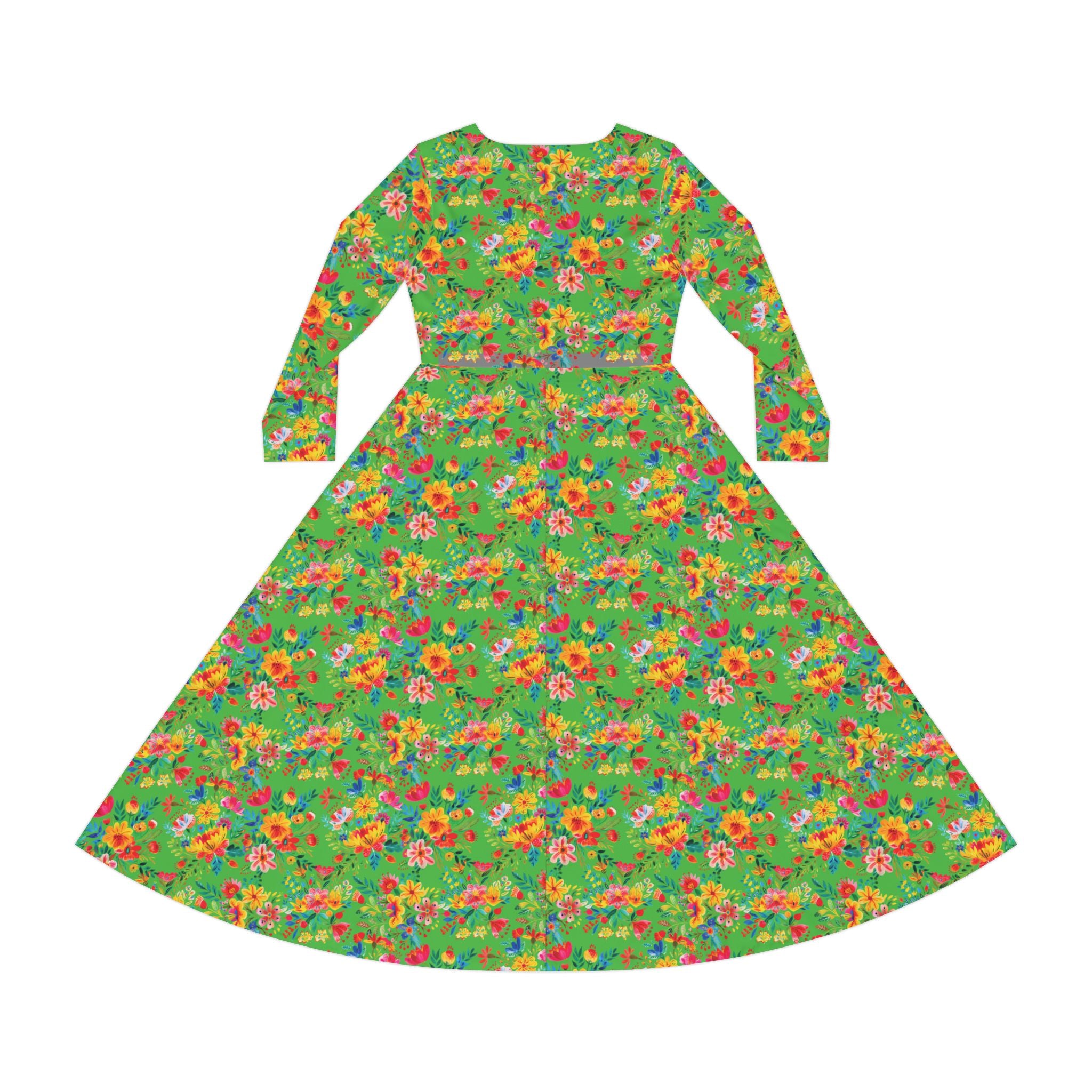 Elegant Women's Long Sleeve Dance Dress - Bright Bold Watercolors Flowers - Lime Green