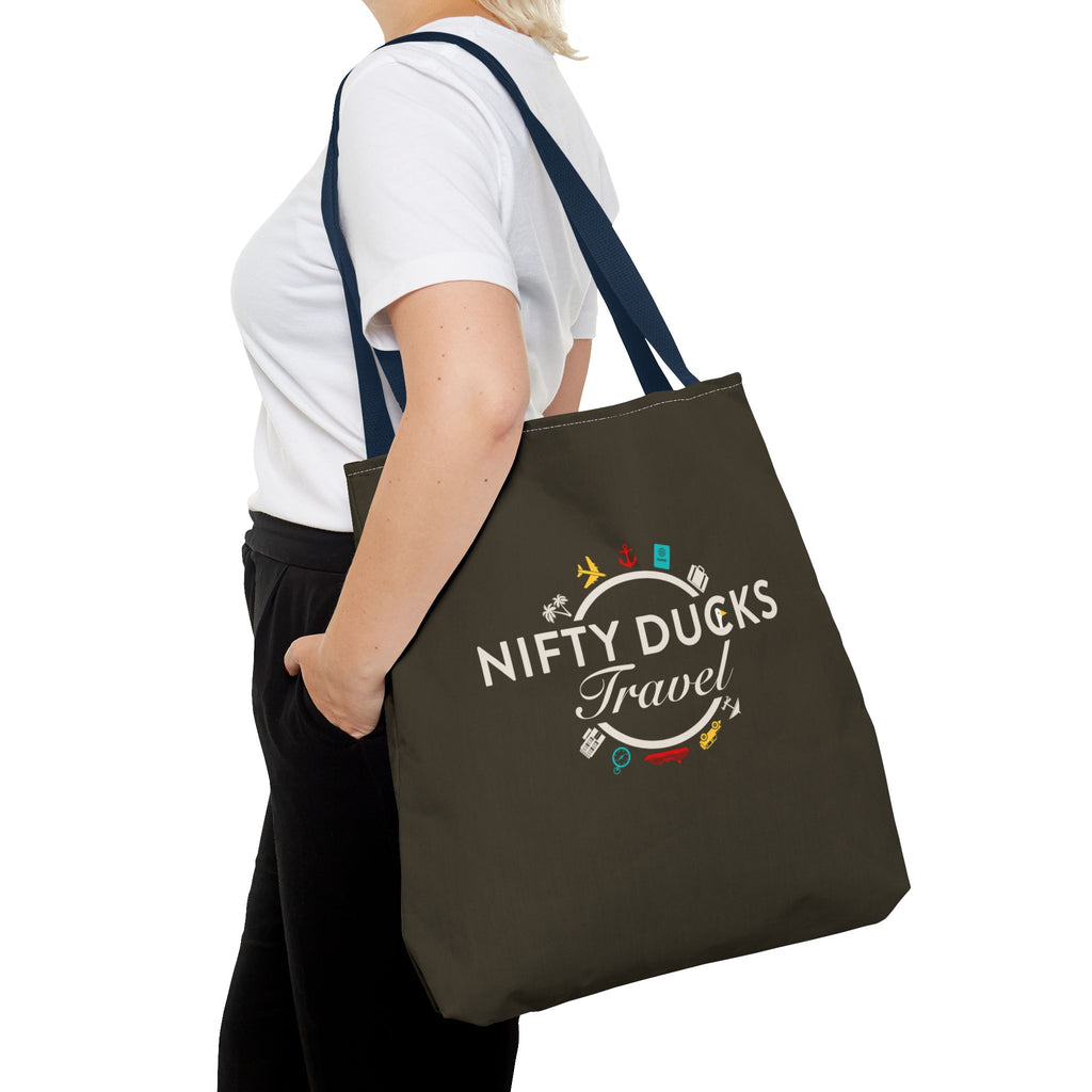 Nifty Ducks Travel Logo - Travel Tote Bag - Signature Brown Background - Beach & Weekend Carryall