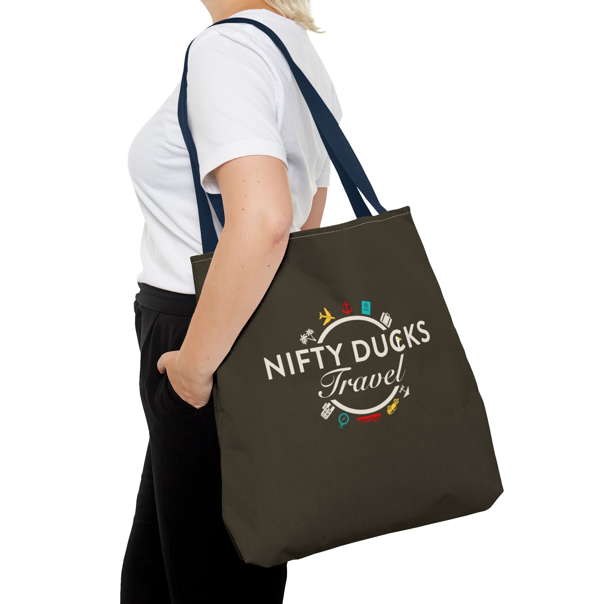Nifty Ducks Travel Logo - Travel Tote Bag - Signature Brown Background - Beach & Weekend Carryall