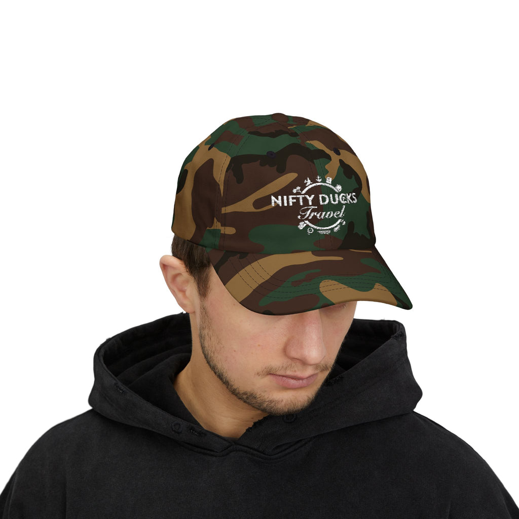 Nifty Ducks Travel Logo Classic Dad Cap - White Logo - Perfect for Adventurers