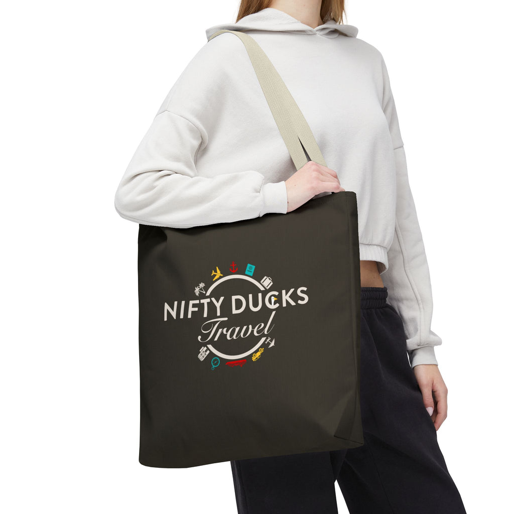 Nifty Ducks Travel Logo - Travel Tote Bag - Signature Brown Background - Beach & Weekend Carryall